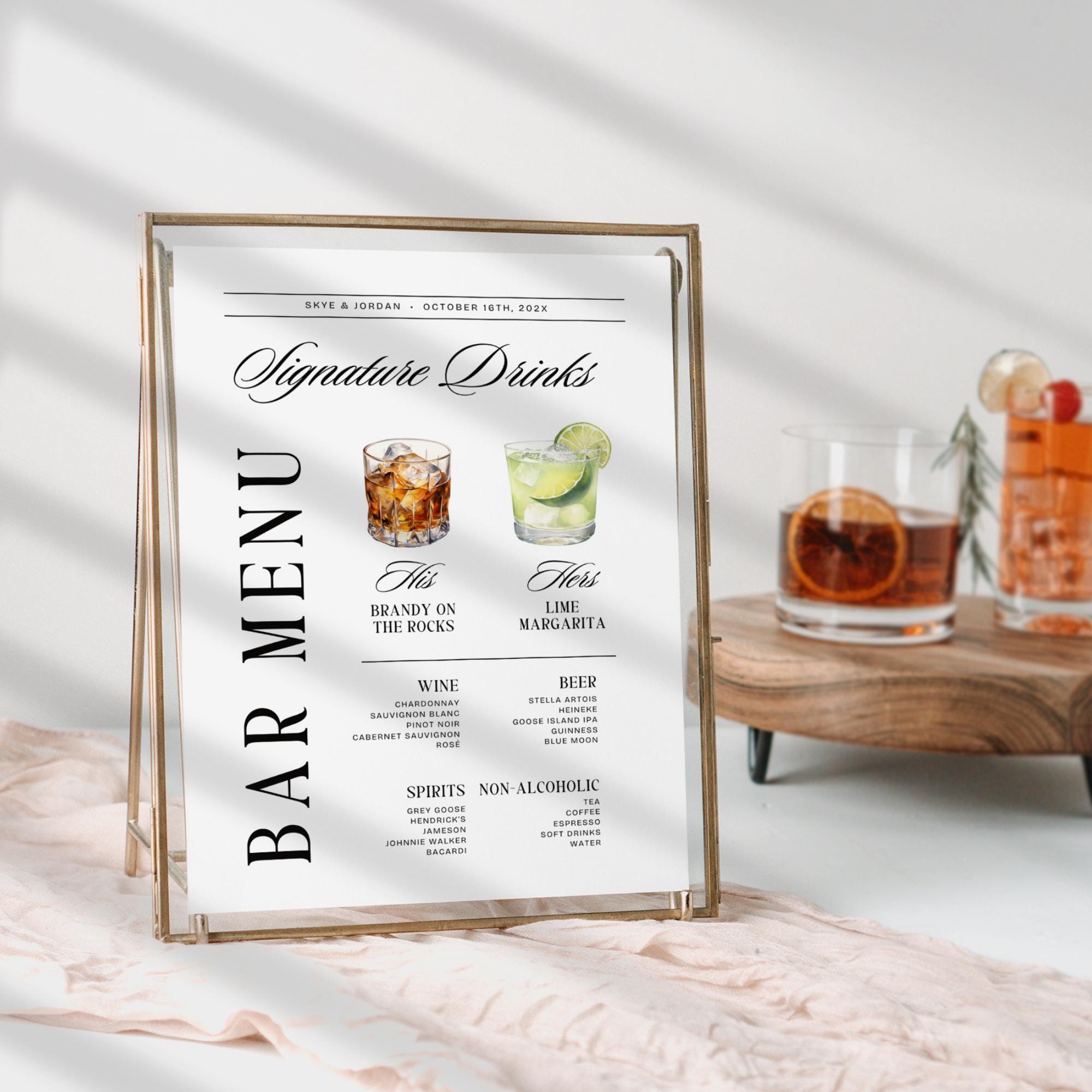 Signature Drink Sign – Old Money Wedding Bar Menu Template, His & Hers Cocktail Canva DIY