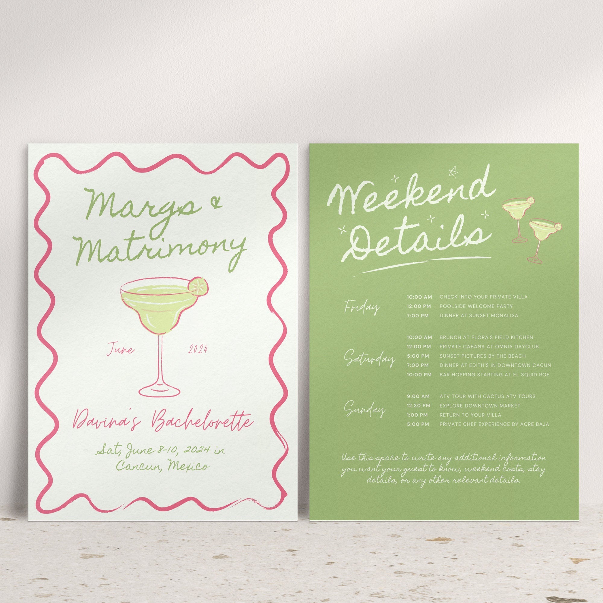 Margs & Matrimony Bachelorette Invitation, Itinerary & Packing List – Editable Canva Templates