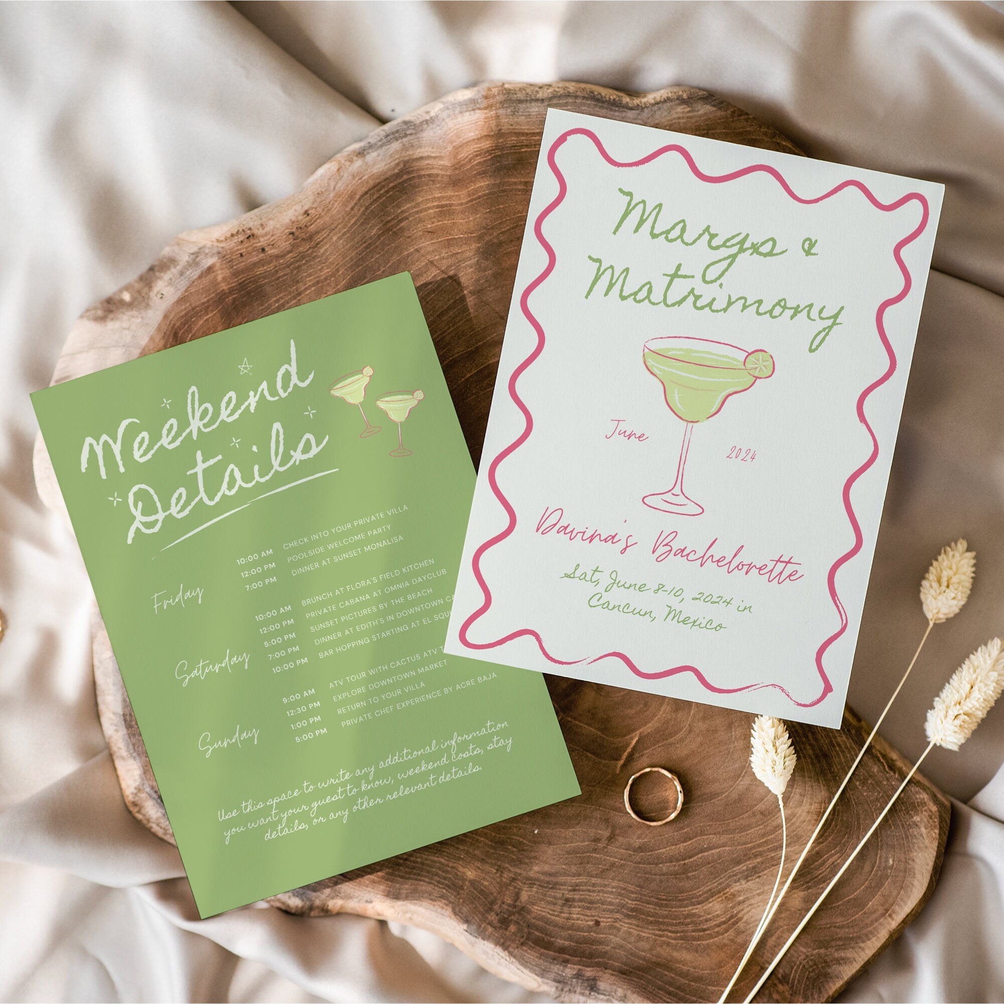 Margs & Matrimony Bachelorette Invitation, Itinerary & Packing List – Editable Canva Templates