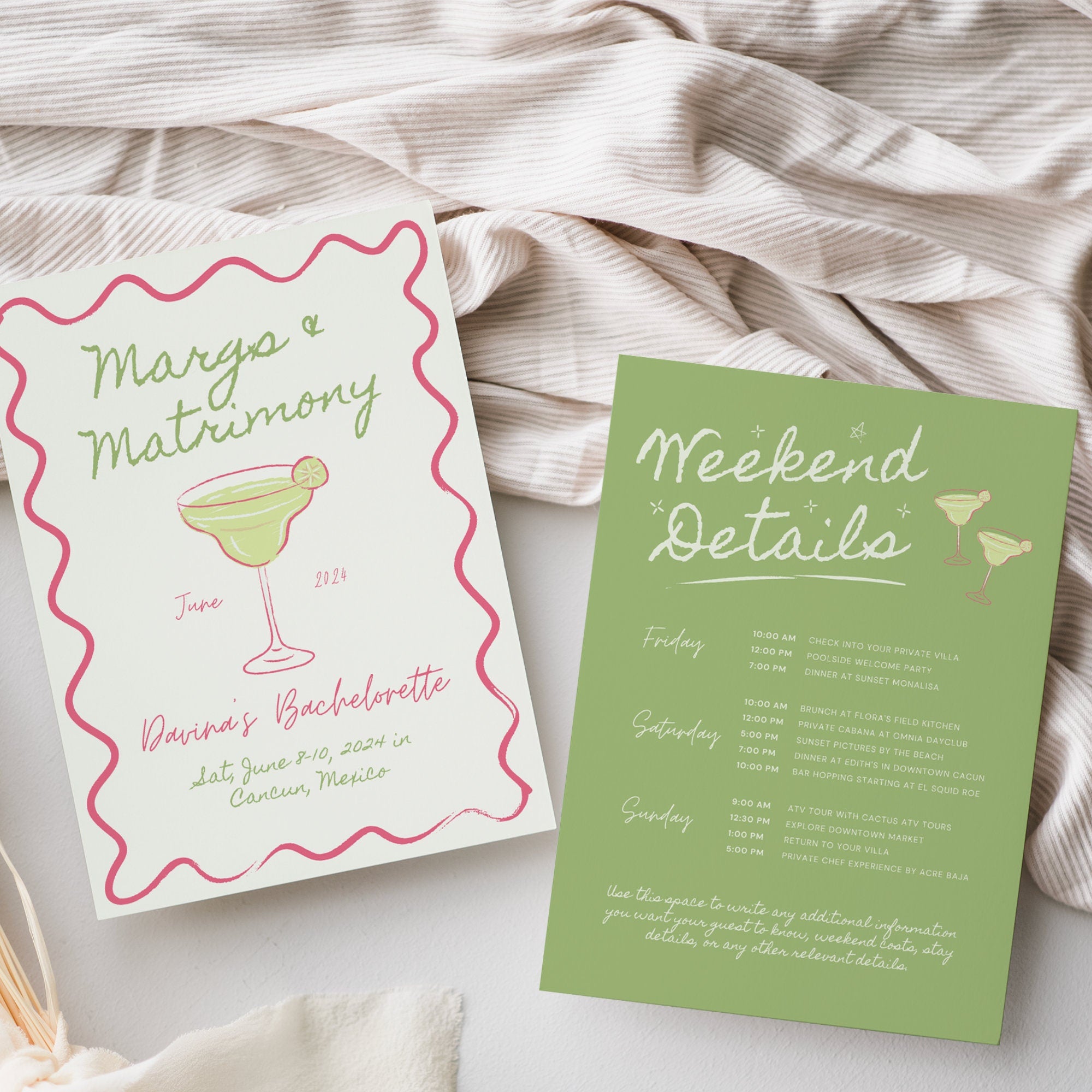Margs & Matrimony Bachelorette Invitation, Itinerary & Packing List – Editable Canva Templates
