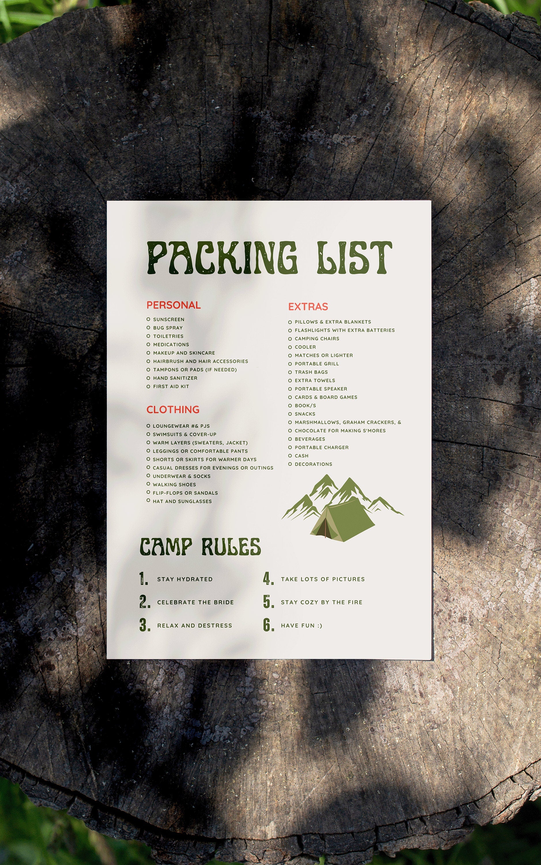 Camp Bachelorette Party Invitation, Itinerary & Packing List Template | Last Trail Before the Veil | Girls Trip Weekend | Camping Bachelorette Printable