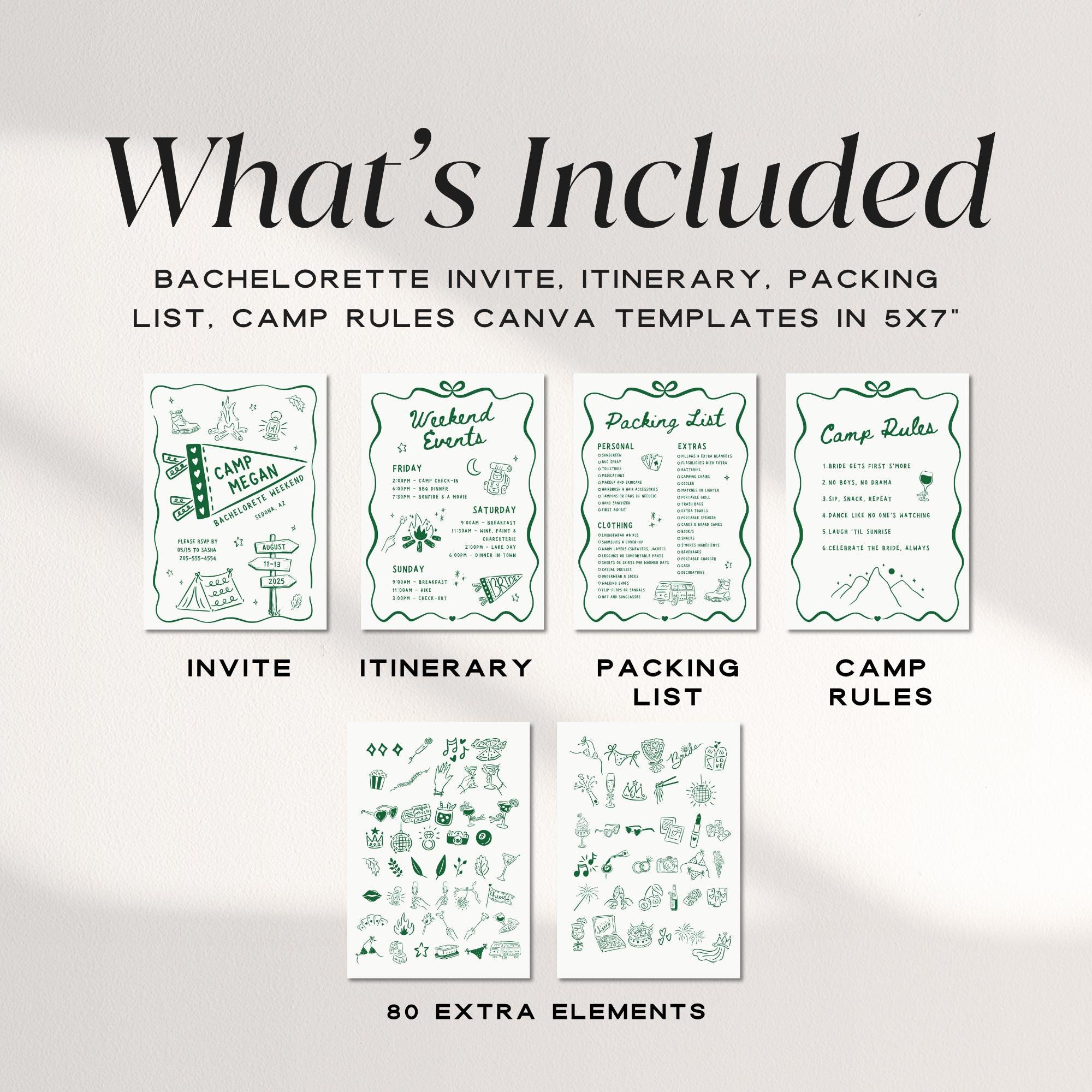 Camp Bachelorette Invitation & Itinerary Bundle – Girls Weekend Canva Template Set