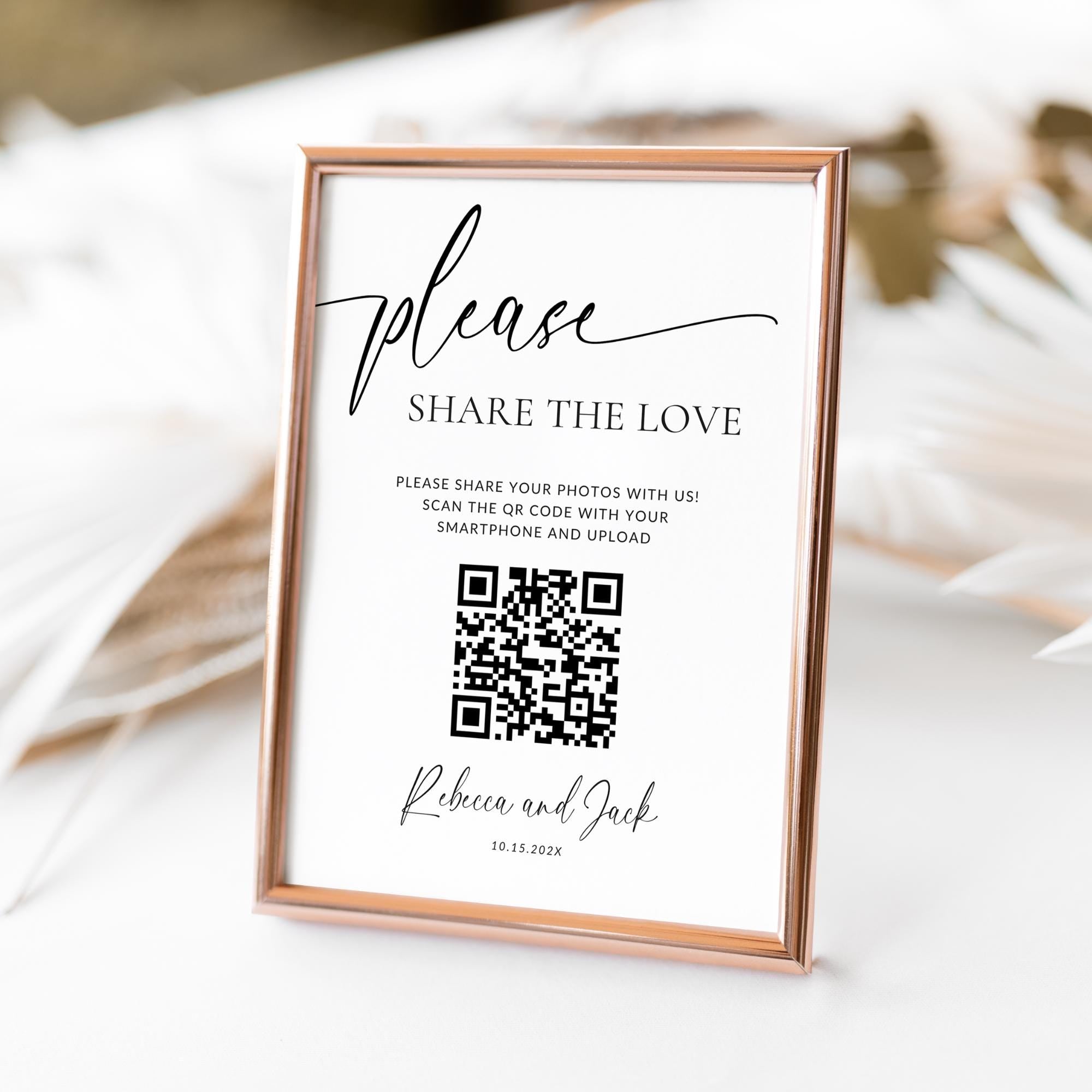 Share the Love Wedding QR Code Sign, Editable Wedding Photo Sign, Minimalist Reception Sign, Modern Wedding Table Sign Canva Template DIY