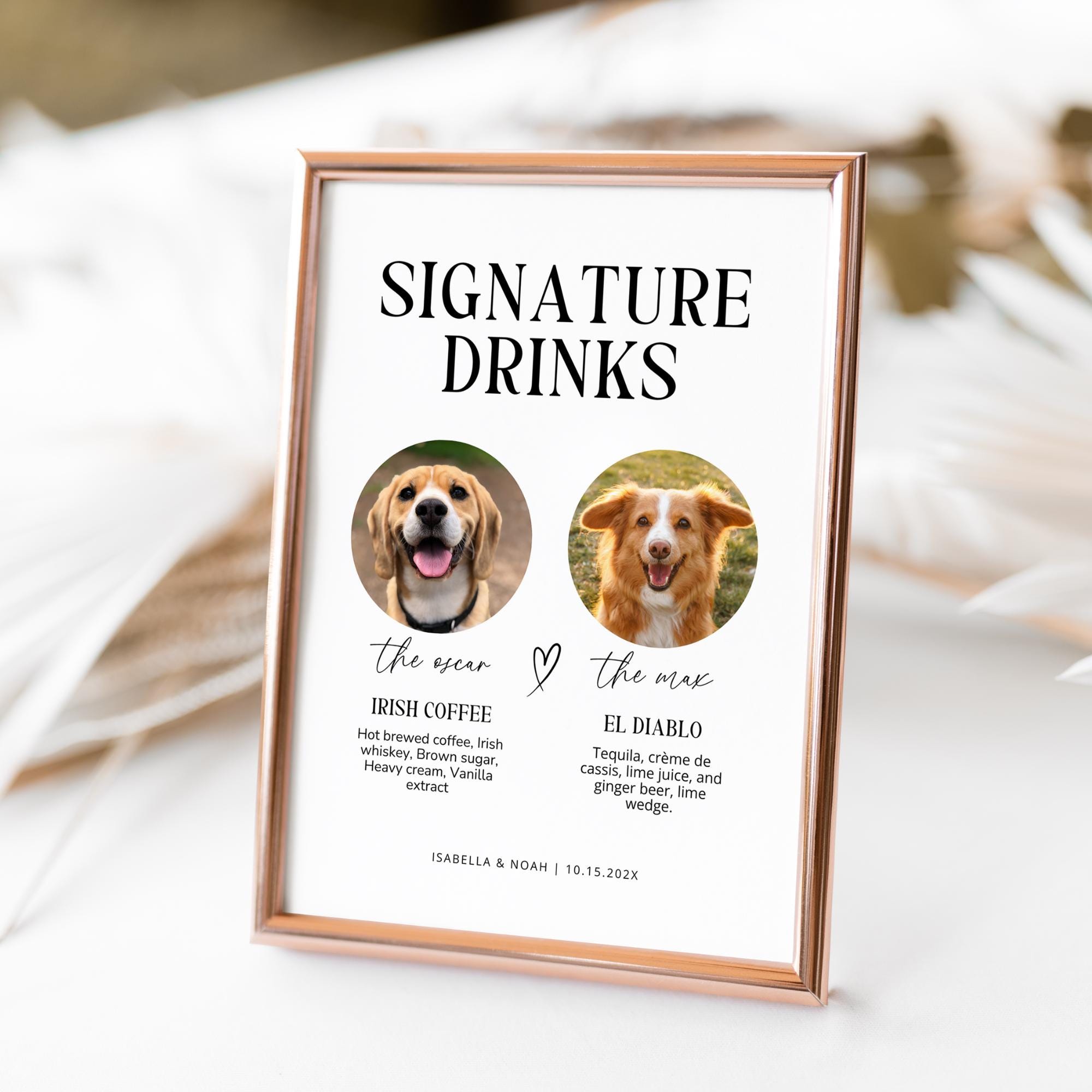 Dog Signature Drink Wedding Bar Sign – Editable Pet Cocktail Menu Canva Template