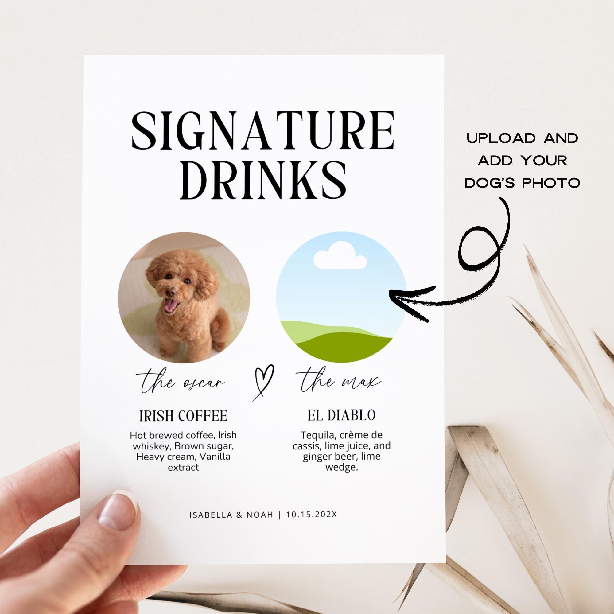 Dog Signature Drink Wedding Bar Sign – Editable Pet Cocktail Menu Canva Template