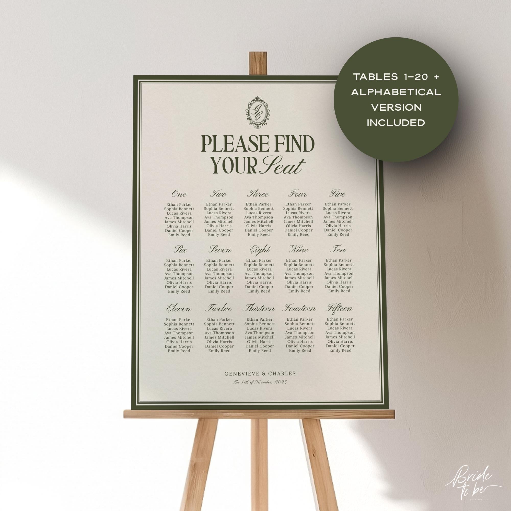 Old Money Olive Green Seating Chart Template – Elegant Wedding Seating Sign – Editable Canva Layouts