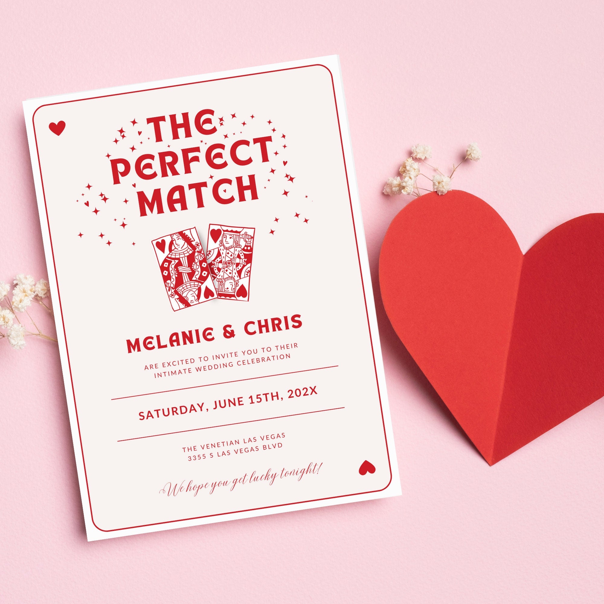 Vegas Wedding Invitation Template – Las Vegas Wedding Invite, Travel Theme Wedding Invitation, Perfect Match Elopement Announcement