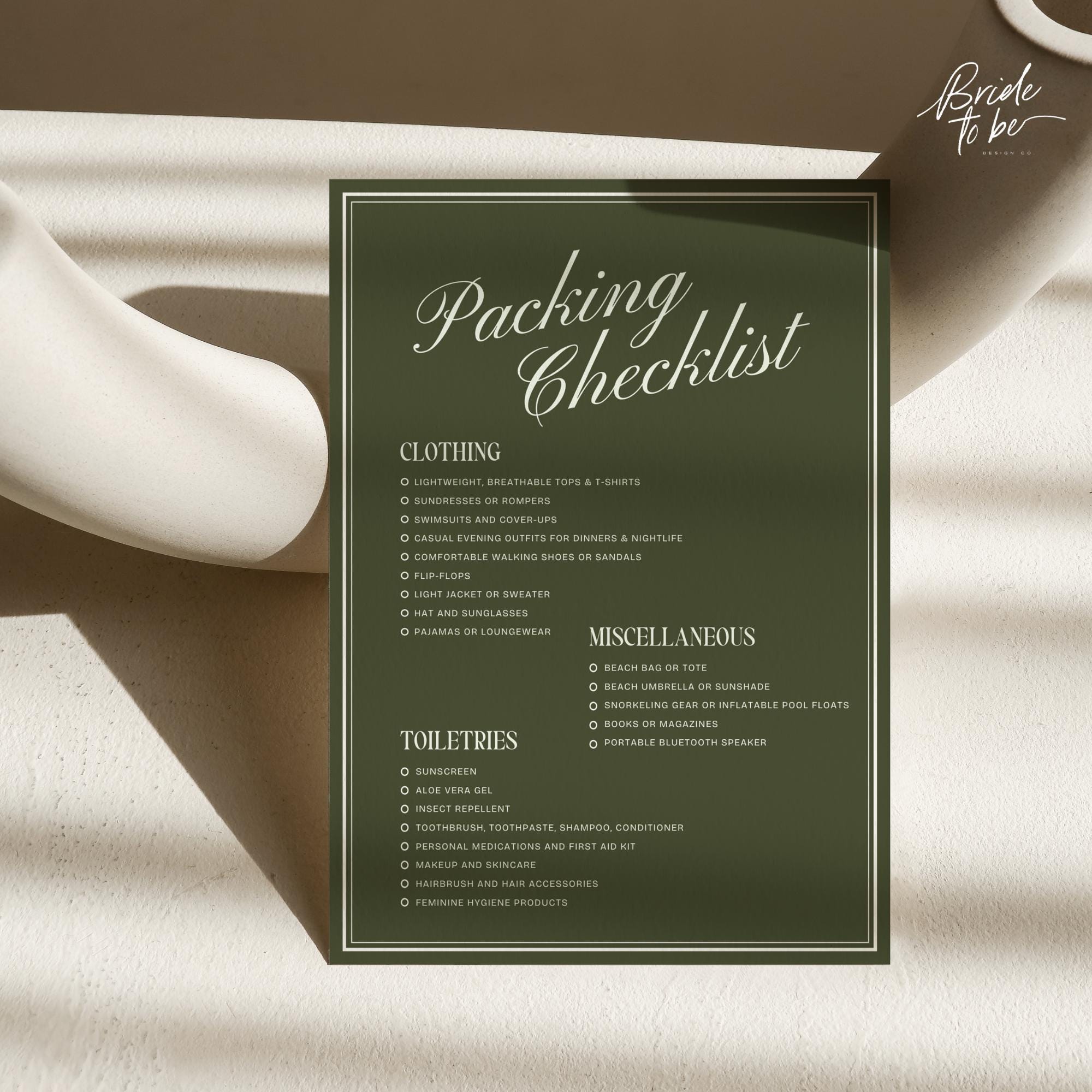 Old Money Olive Green Bachelorette Weekend Itinerary – Elegant Canva Template
