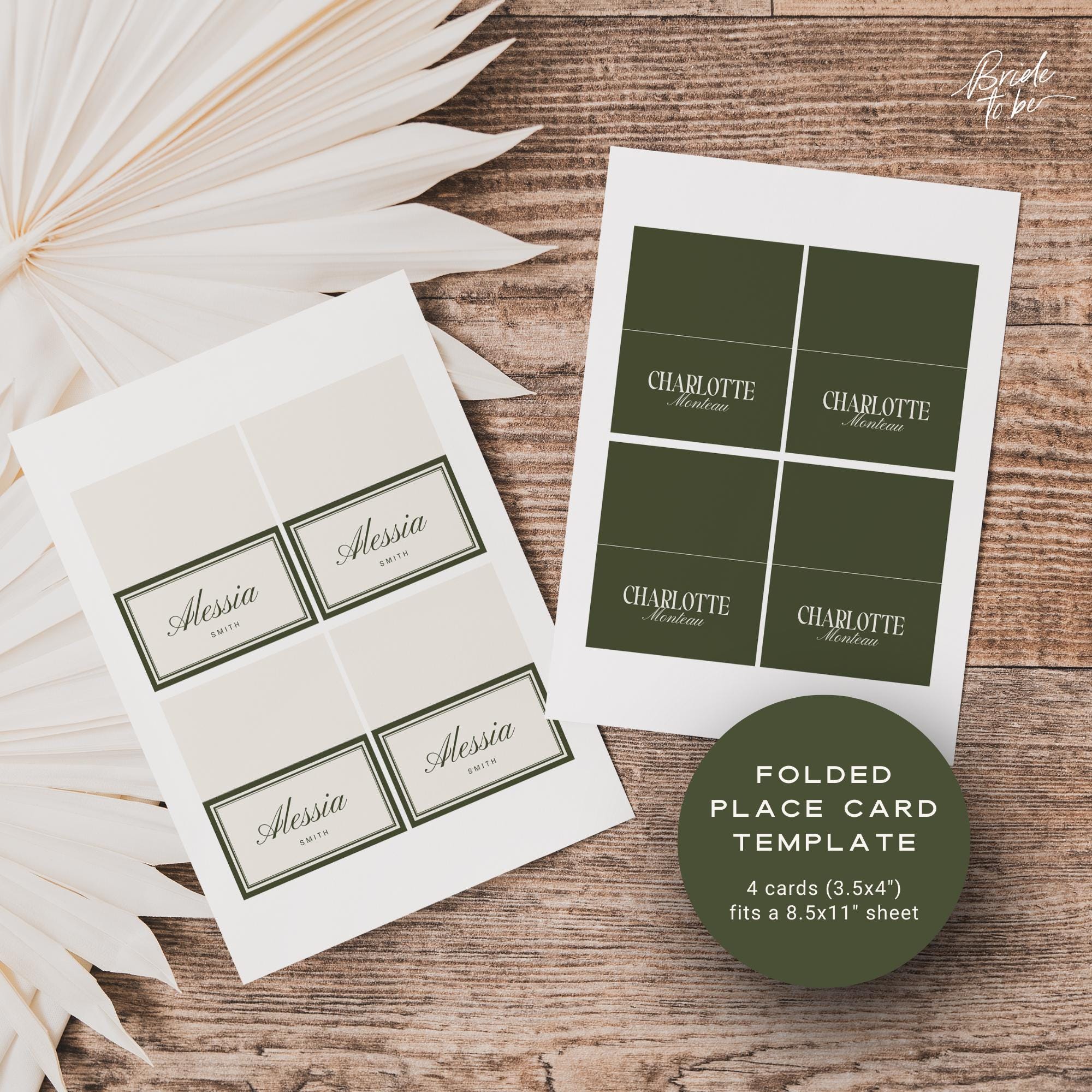 Olive Green Old Money Place Cards – Luxury Flat & Folded Canva Templates