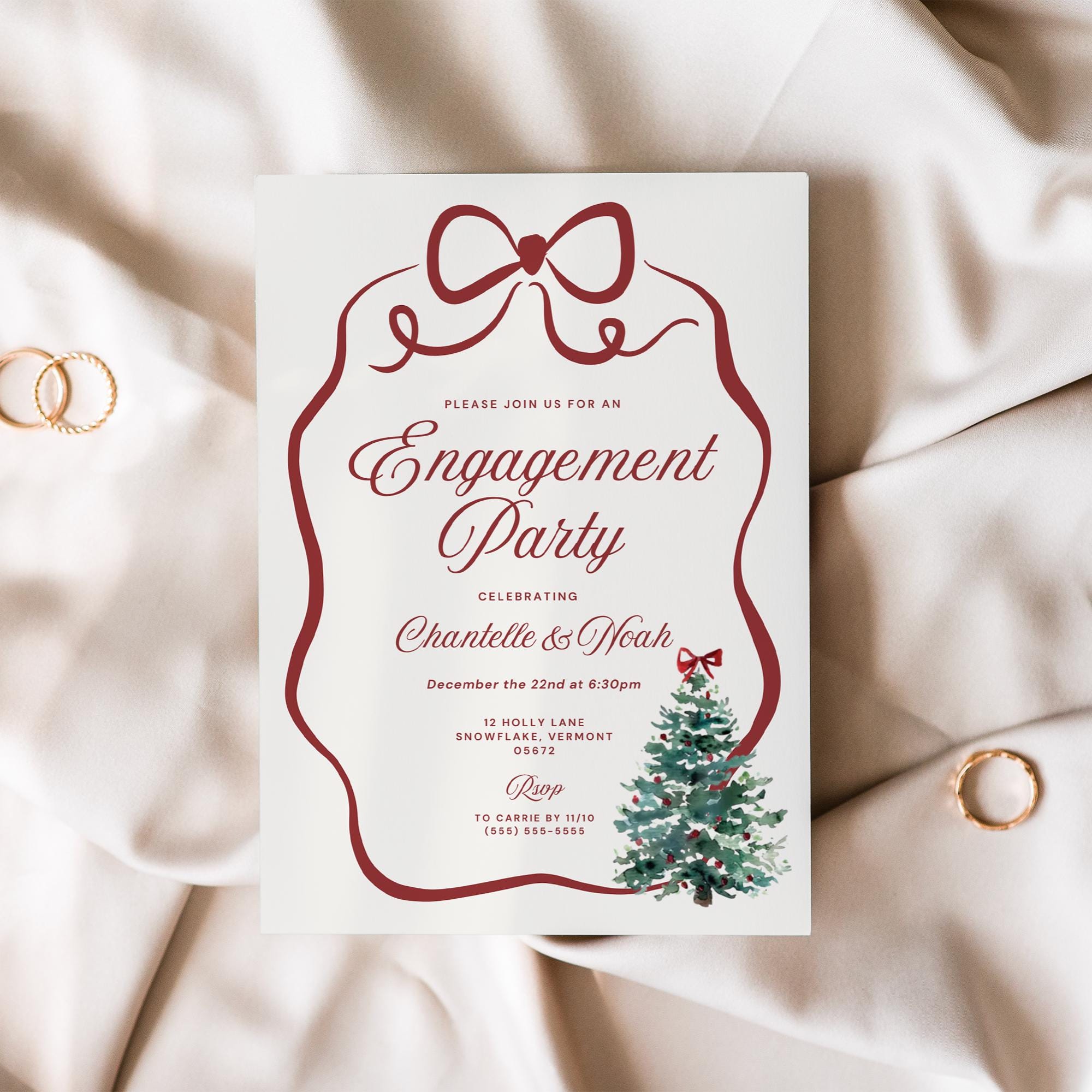 Christmas Engagement Party Invitation – Wavy Bow Watercolor Tree Canva Template DIY