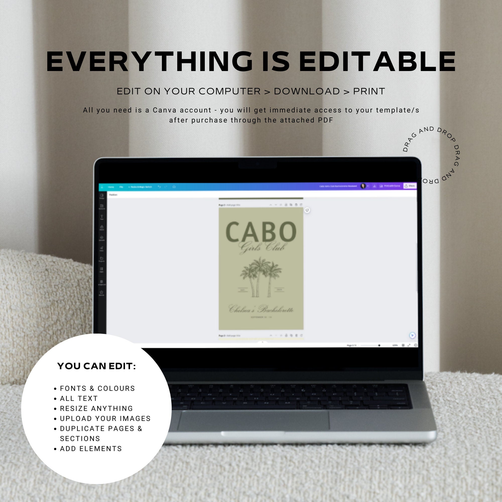 Cabo Bachelorette Invitation & Weekend Itinerary – Mexico Girls Trip Canva Template