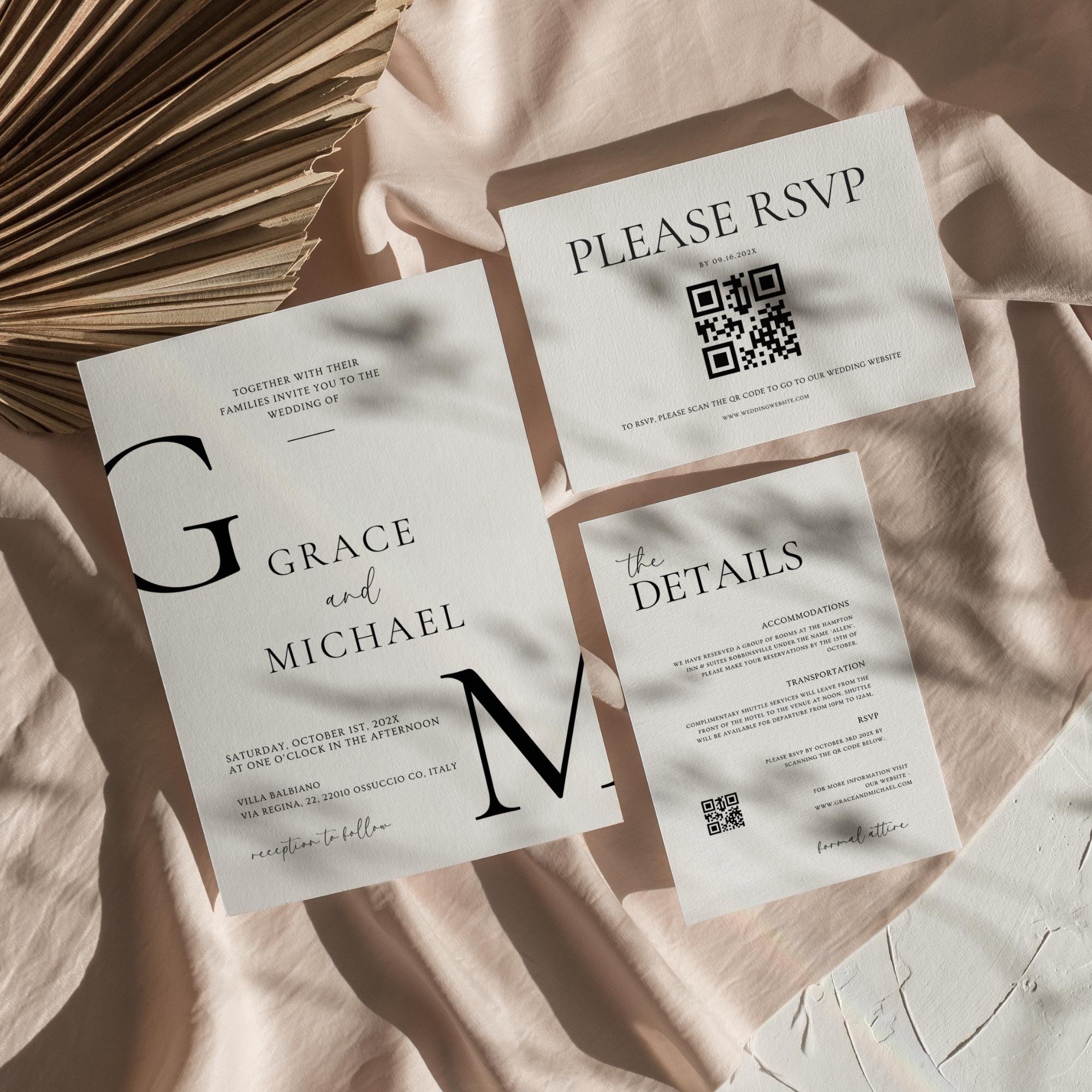 Classy Black & White Wedding Invitation Suite, Editable Formal Invitation, Details Cards, RSVP QR Code, Modern Wedding Invite Canva Template