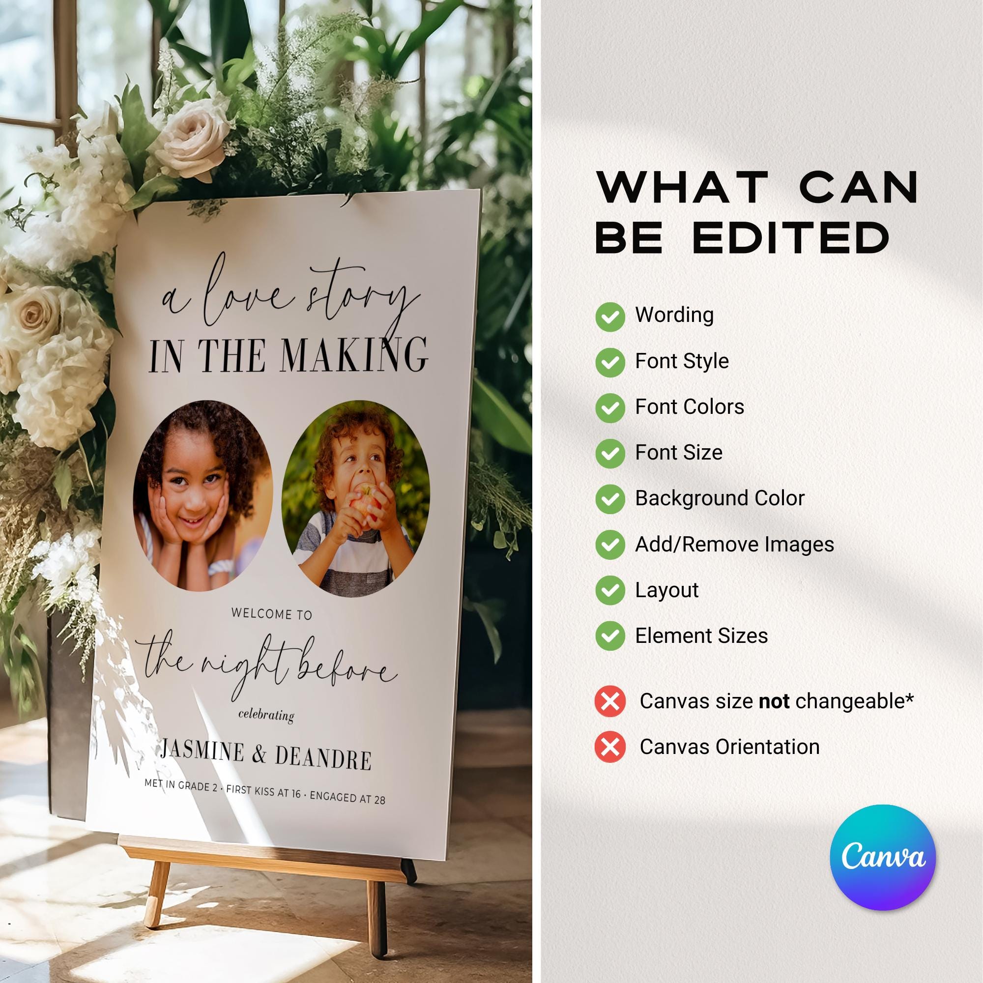 A Love Story The Night Before Rehearsal Dinner Welcome Sign Template – Editable Canva