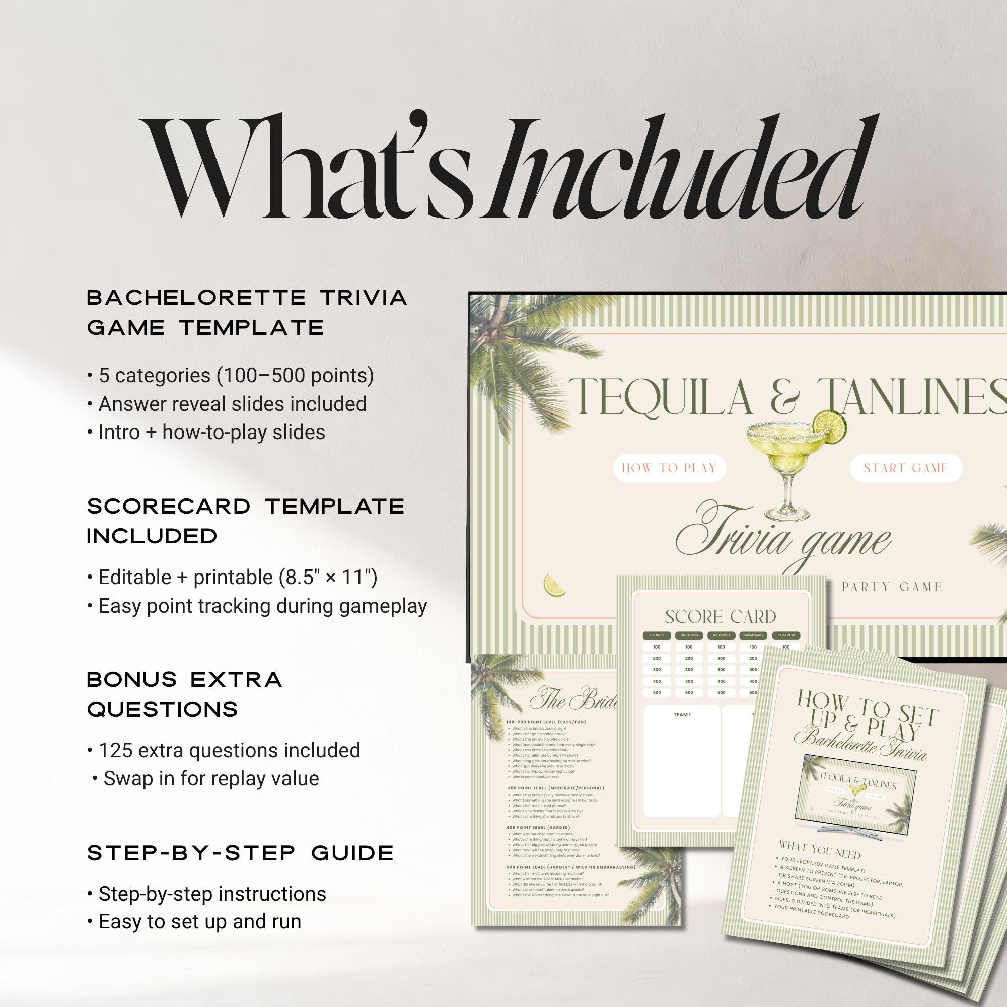 Tequila & Tanlines Bachelorette Trivia Game – Beach Canva Party Game