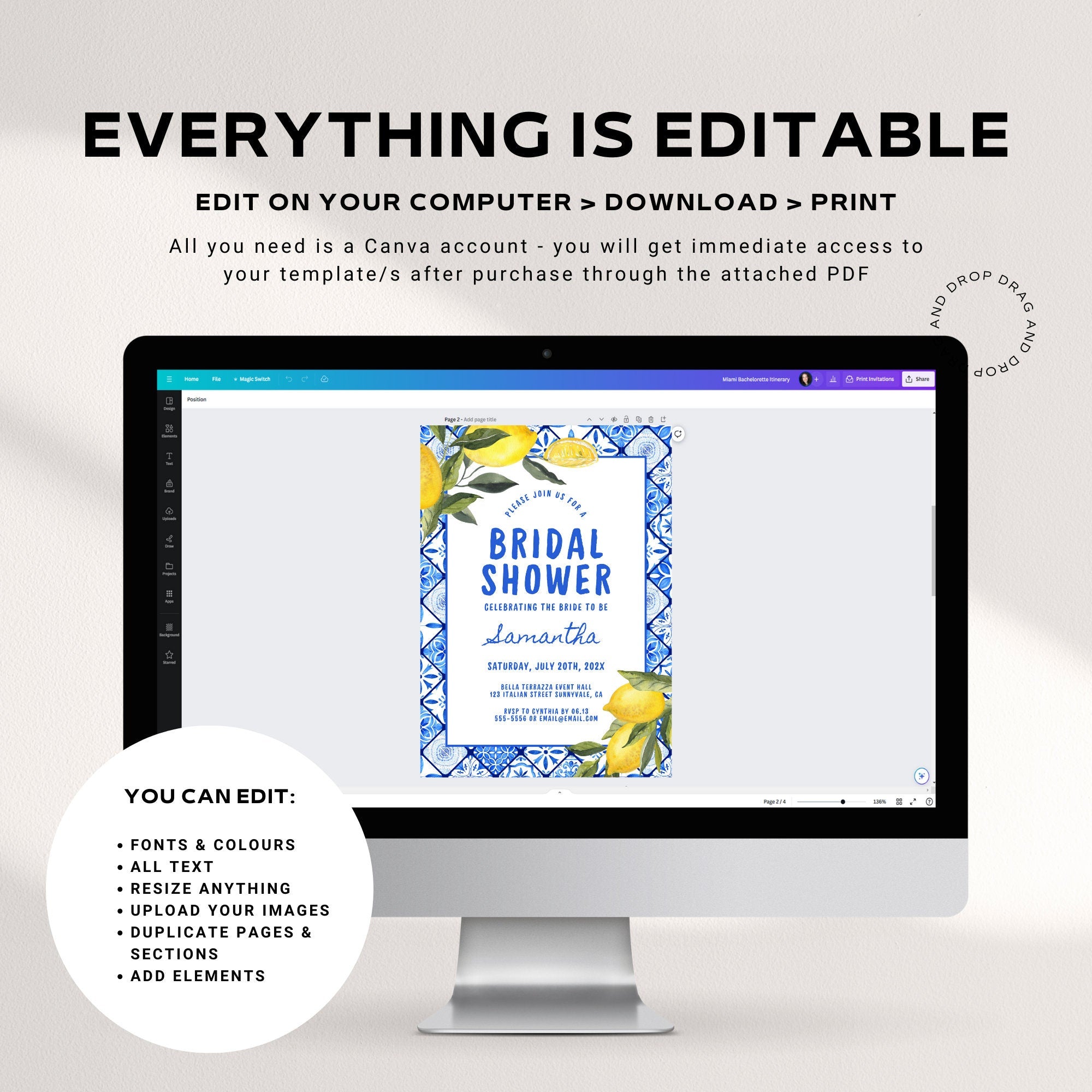 Italian Lemons Bridal Shower Invitation, Italian Bridal Shower Invitation, Lemon Bridal Shower Invitations Template, Citrus Mediterranean