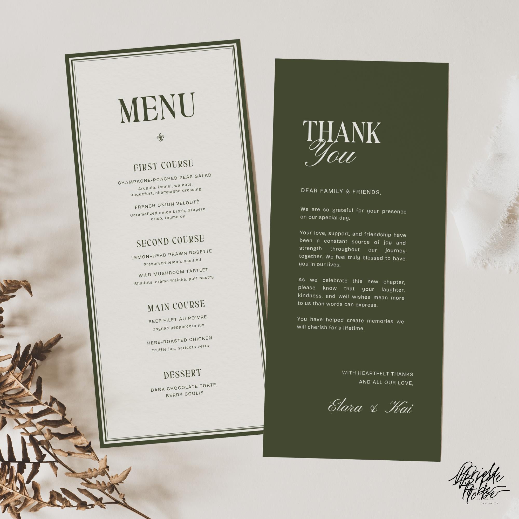 Old Money Wedding Menu & Place Cards Set - Olive Green Elegant Canva Templates