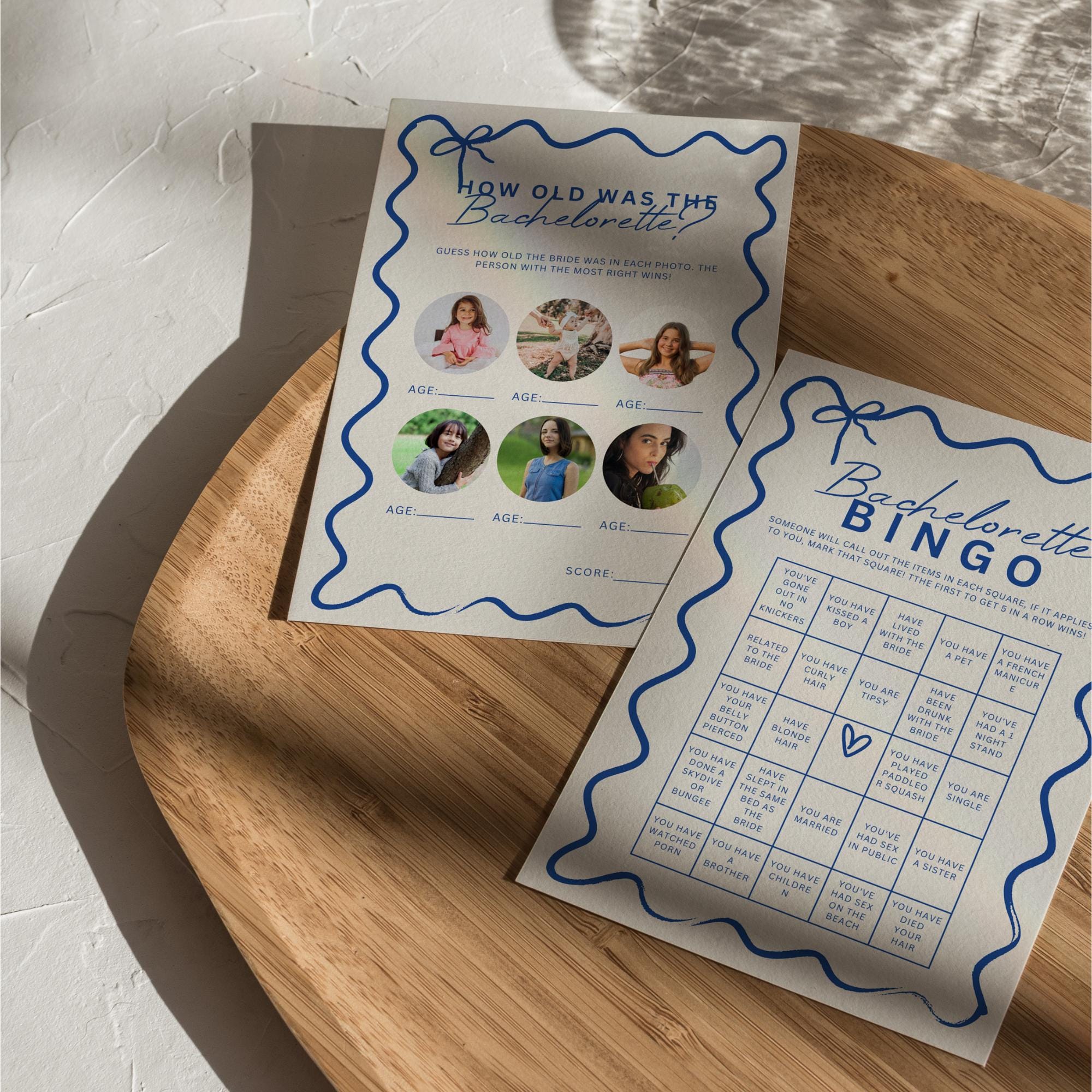 Wavy Blue Bow Bachelorette Party Games Bundle – 22 Editable Canva Templates for Bridal Shower & Hen Party