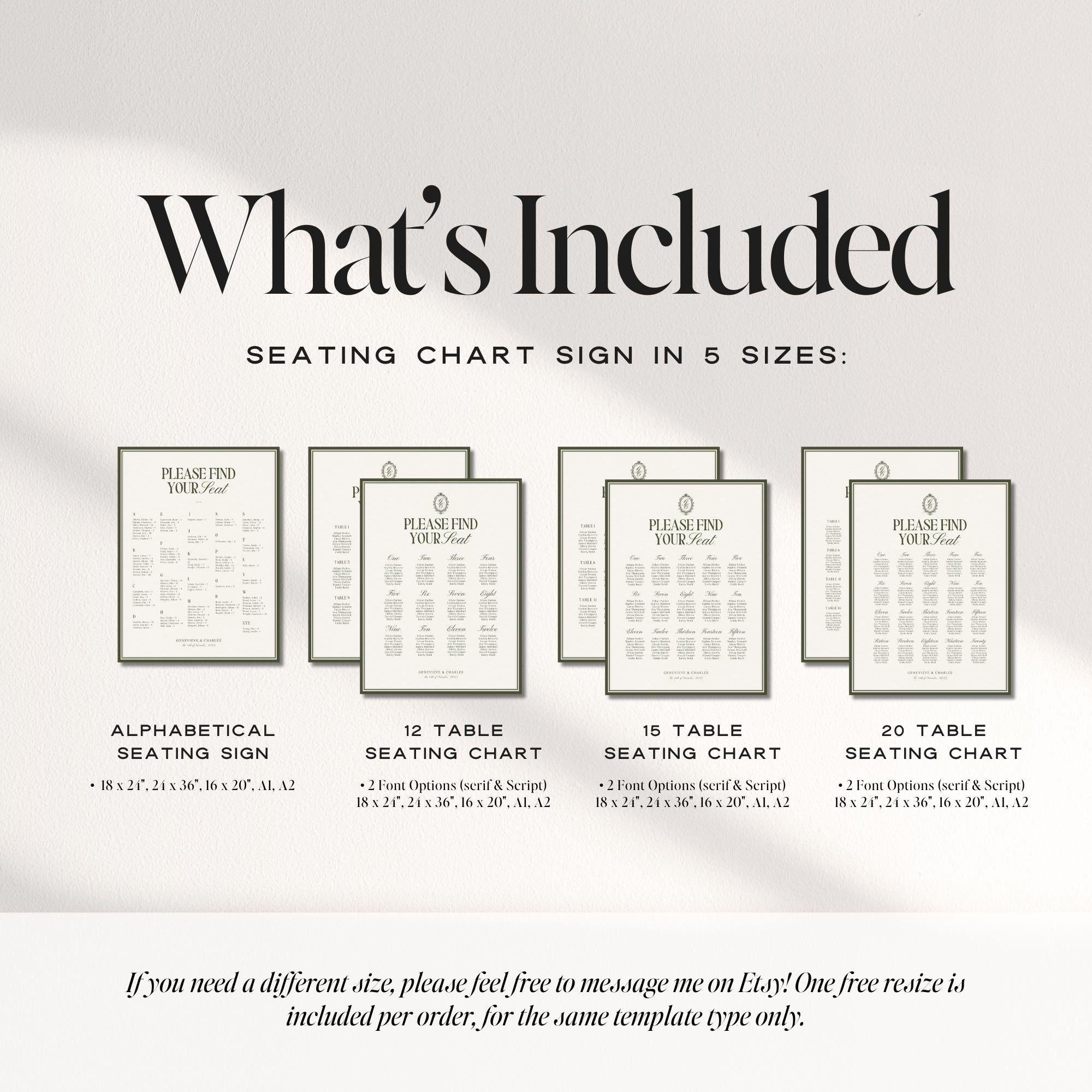 Old Money Olive Green Seating Chart Template – Elegant Wedding Seating Sign – Editable Canva Layouts