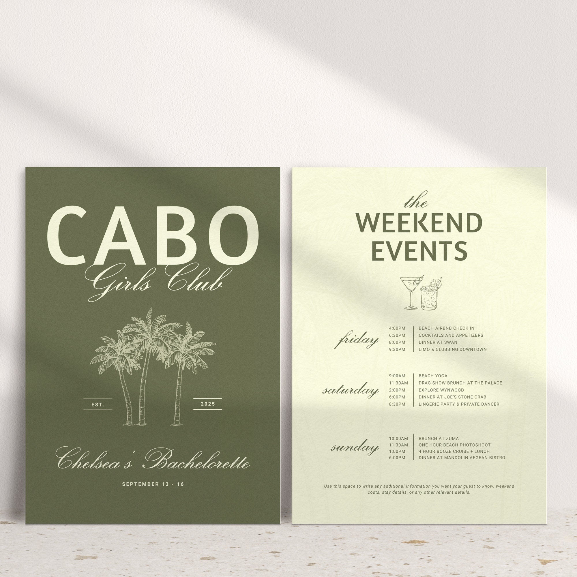 Cabo Bachelorette Invitation & Weekend Itinerary – Mexico Girls Trip Canva Template