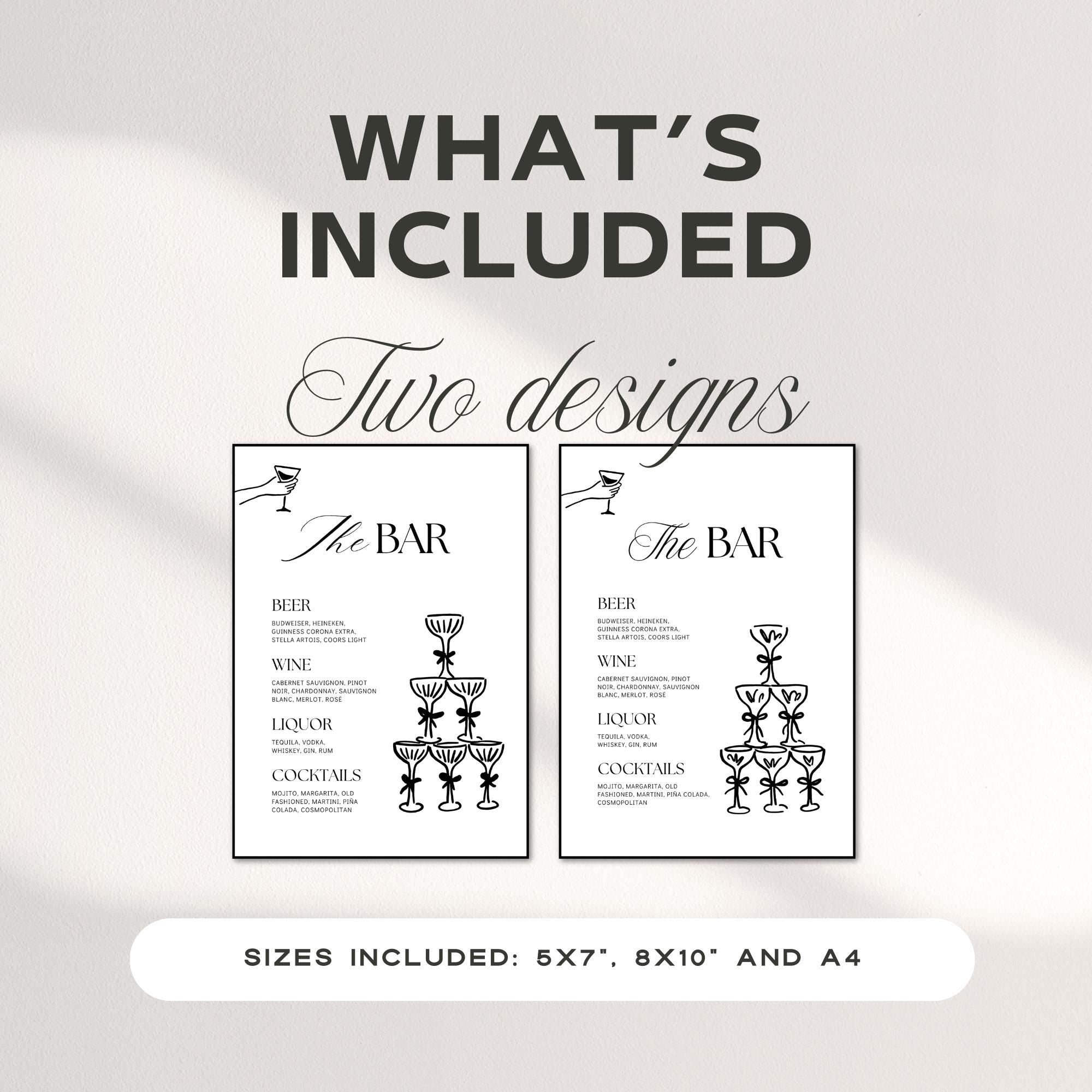 Wedding Bar Sign Template – Rehearsal Dinner Open Bar Sign & Champagne Tower Menu – Editable Canva Design