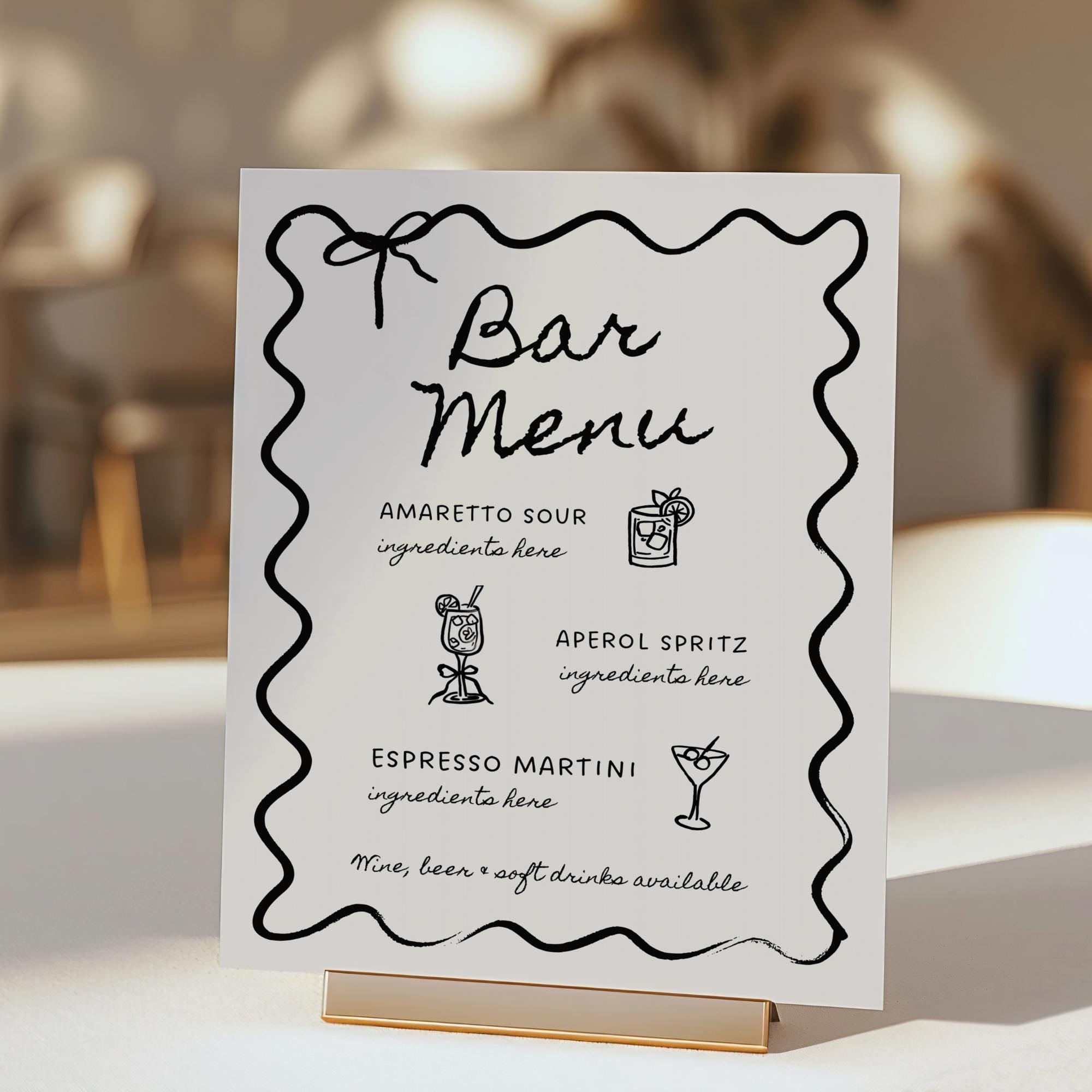 Hand-Drawn Wedding Bar Menu Sign Template – Wavy Border Open Bar Sign & SVG Drink Icons (Editable Canva DIY)