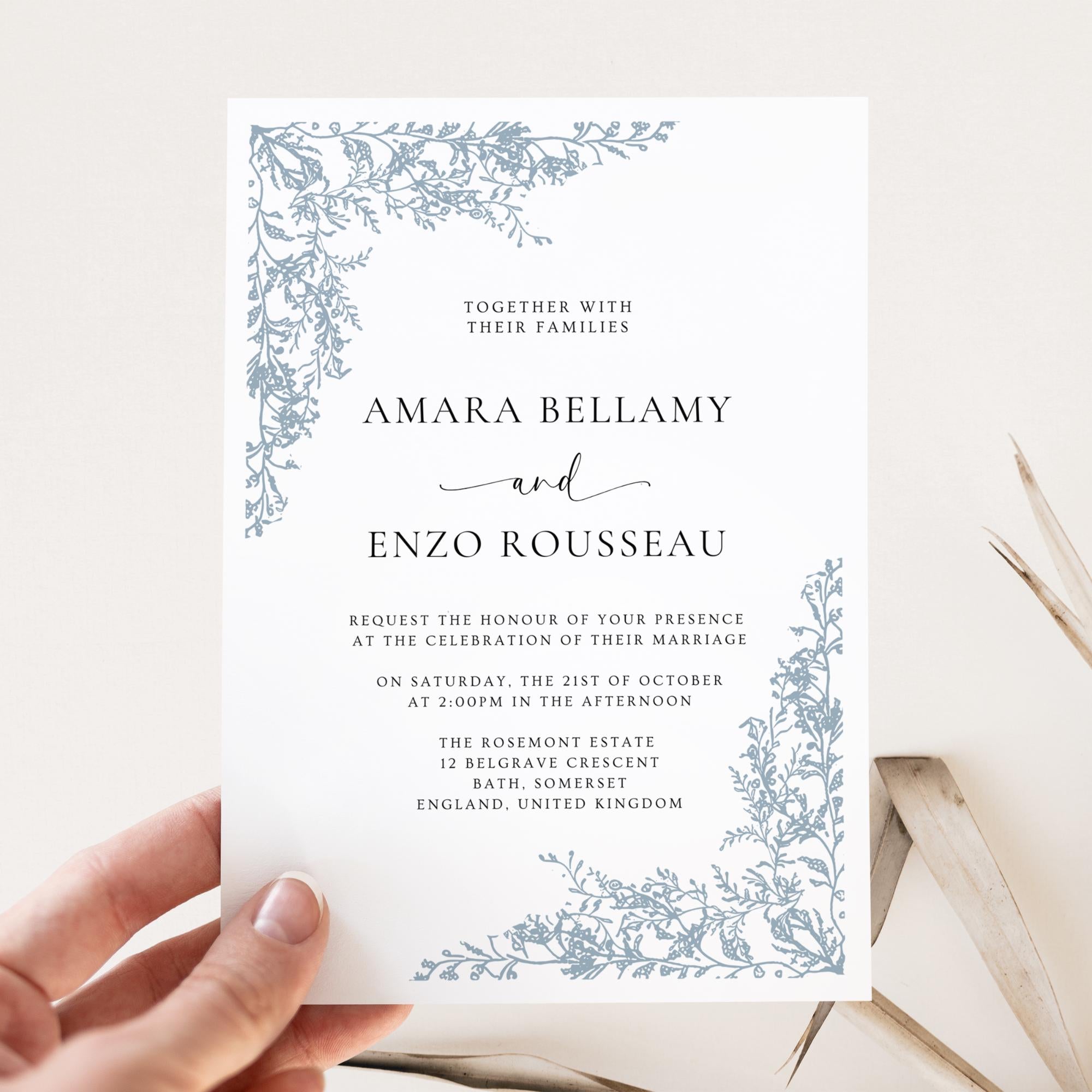 Dusty Blue Toile Wedding Invitation Template, Editable Floral Wedding Invite, Chinoiserie French Country Wedding, Garden Wedding Canva DIY