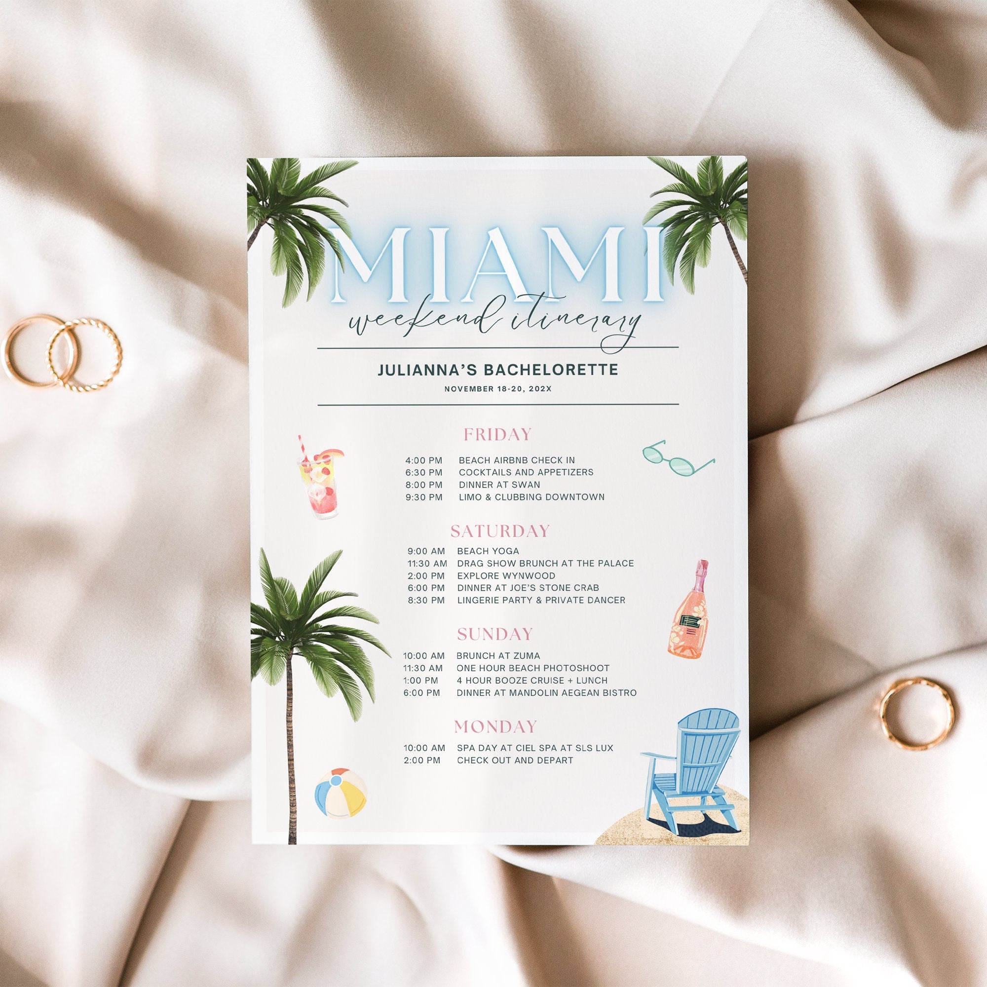 Miami Bachelorette Itinerary Template – Tropical Weekend Travel Schedule Canva