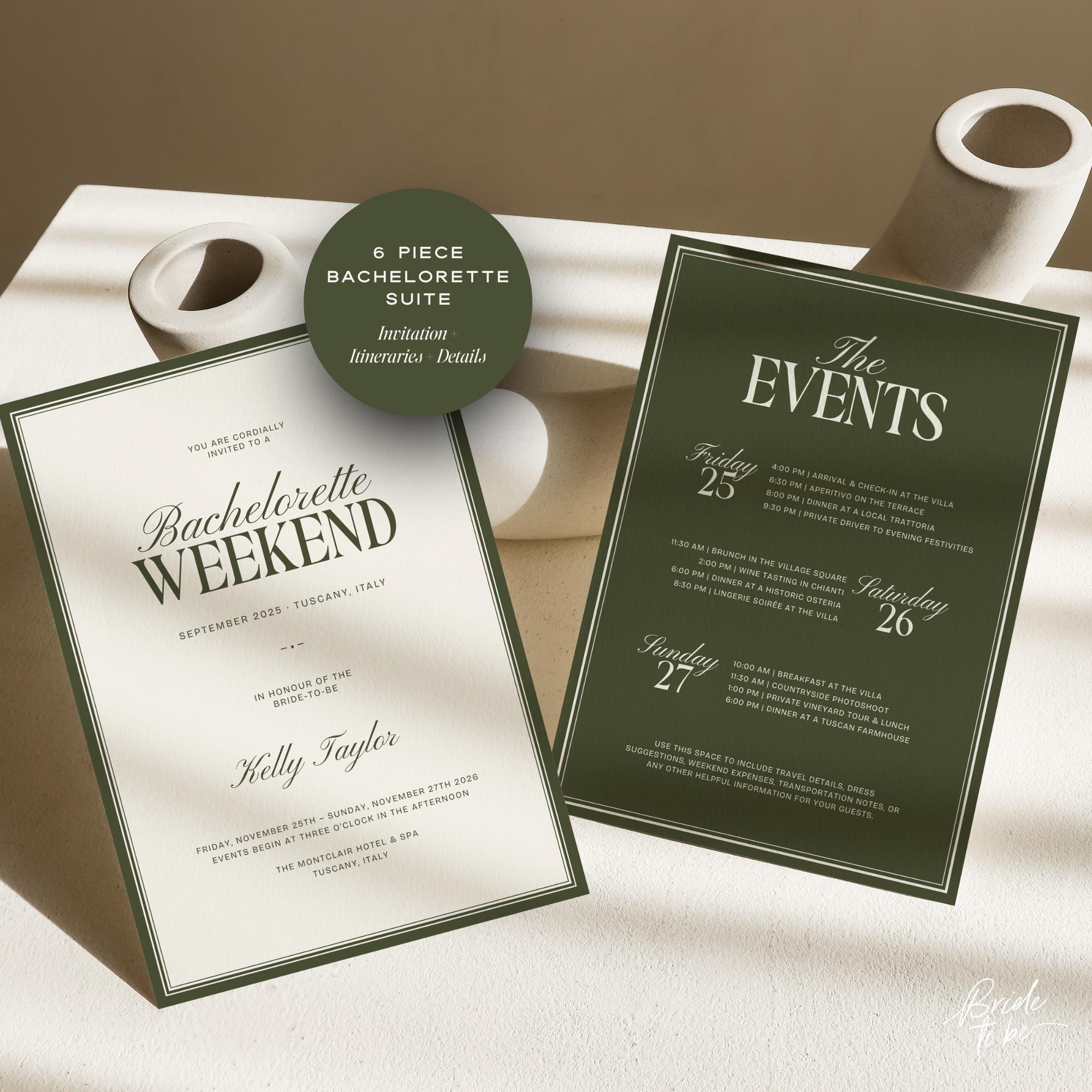 Old Money Olive Green Bachelorette Weekend Itinerary – Elegant Canva Template