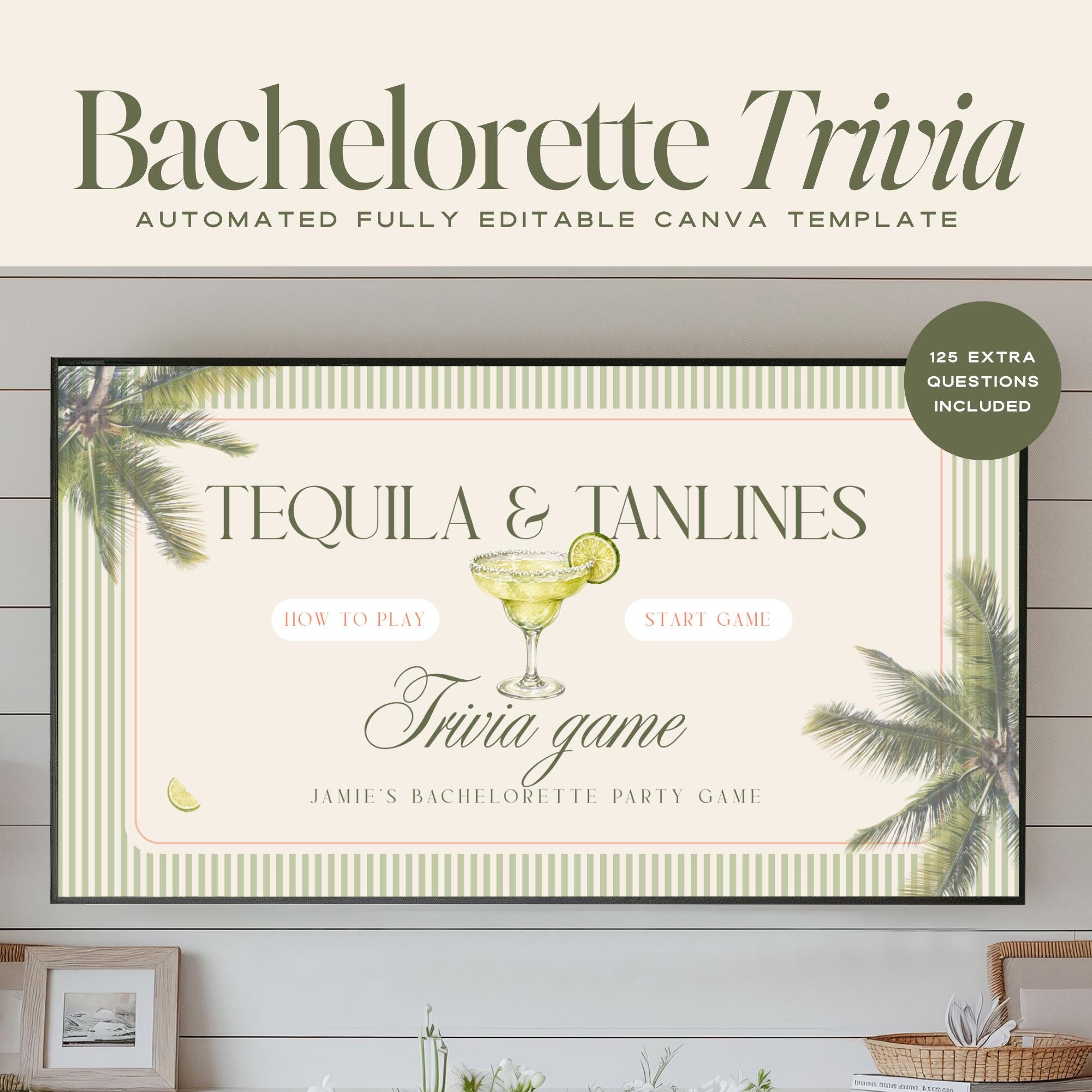 Tequila & Tanlines Bachelorette Trivia Game – Beach Canva Party Game