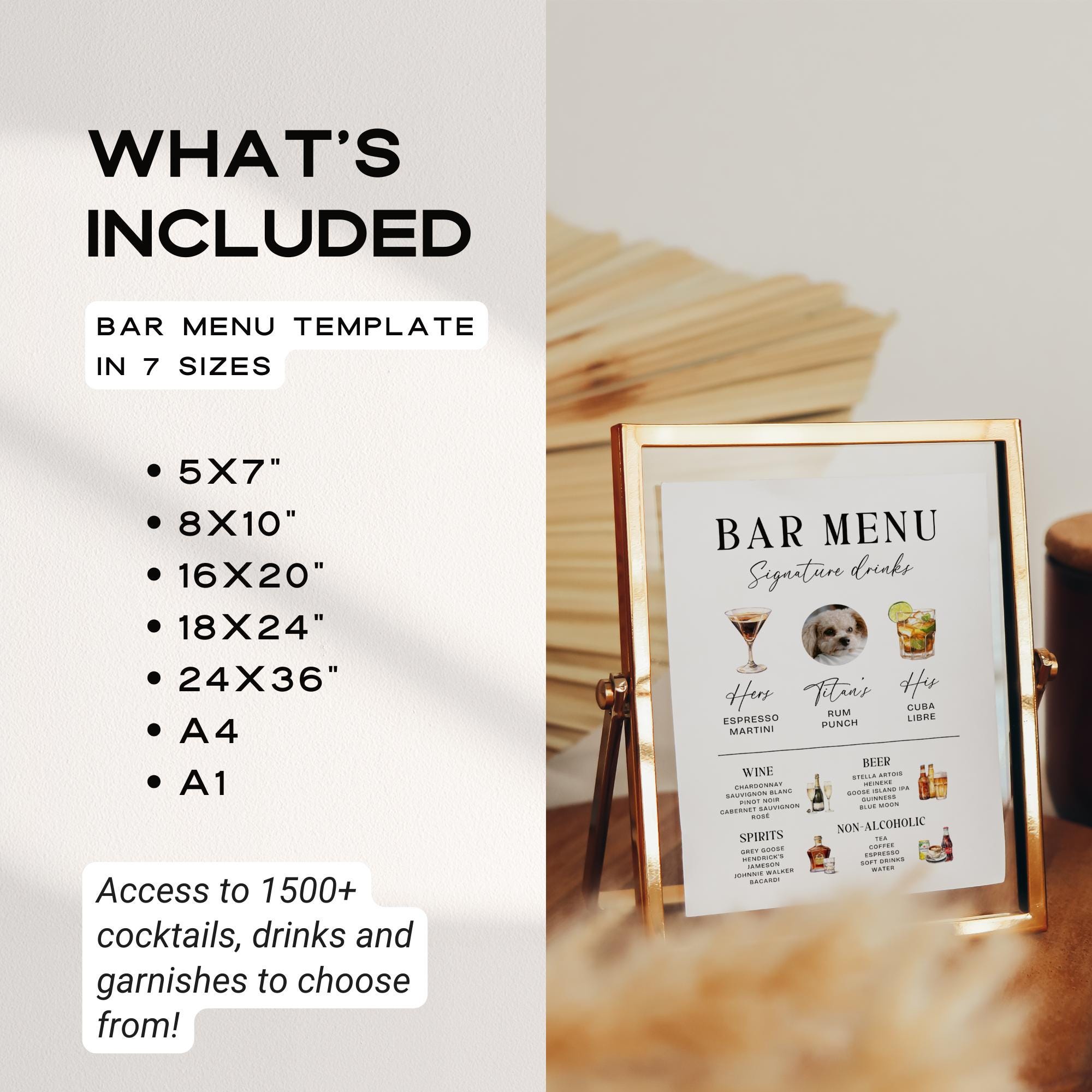 Modern Signature Drinks Sign – His & Hers Bar Menu with Pet Cocktail Illustration Canva Template