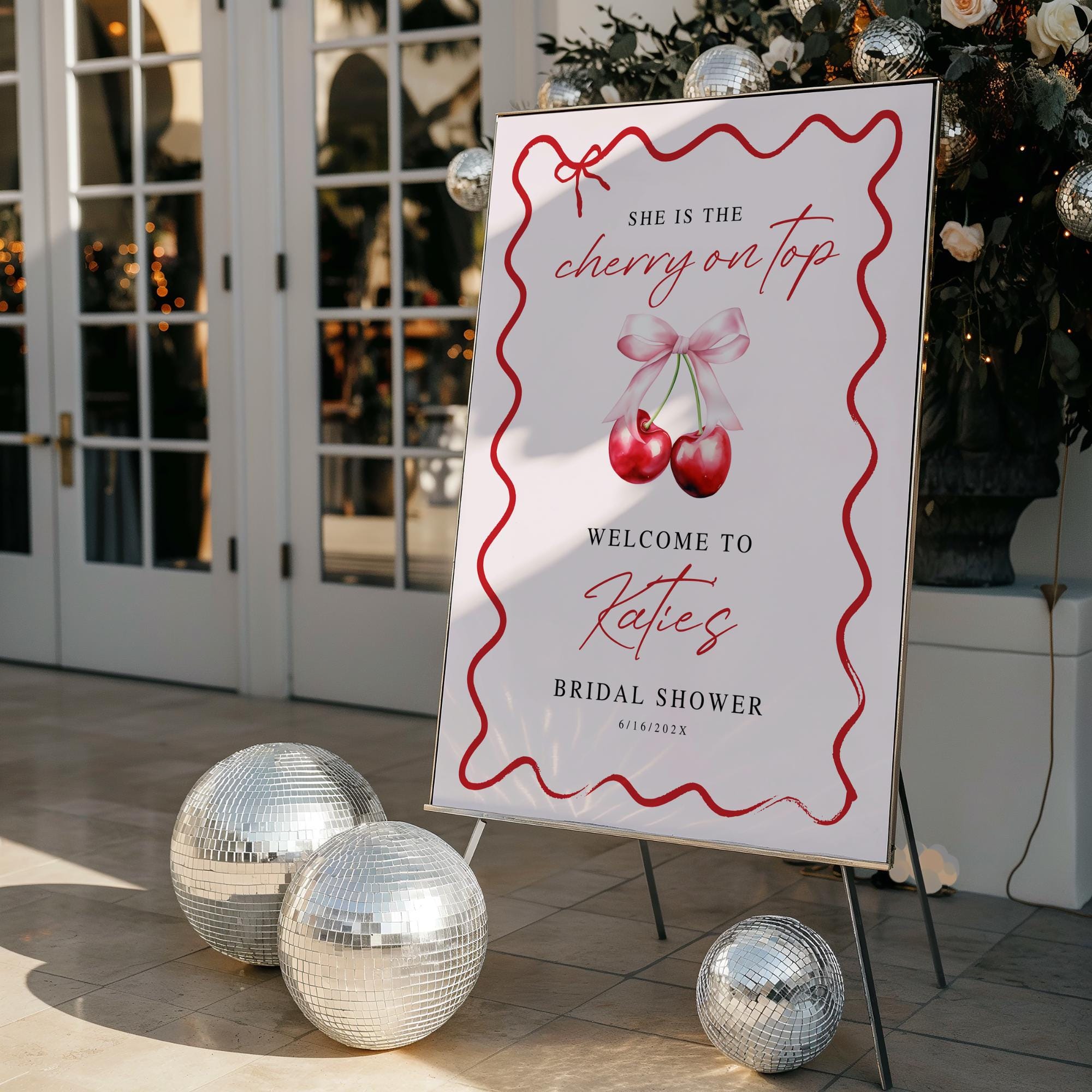 Cherry On Top Bridal Shower Welcome Sign Template – Editable Canva, Wavy Pink Cherries Design
