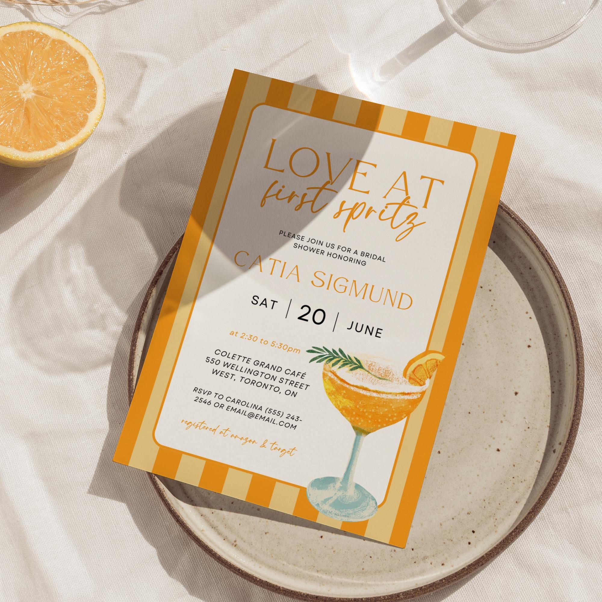 Love At First Spritz Bridal Shower Invitation – Editable Aperol Spritz Bridal Brunch Canva Template