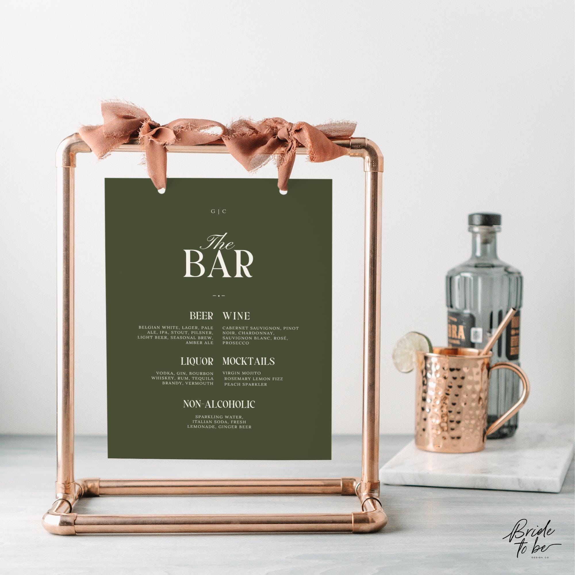 Olive Green Bar Menu Sign – Old Money Wedding Drinks List Canva Template