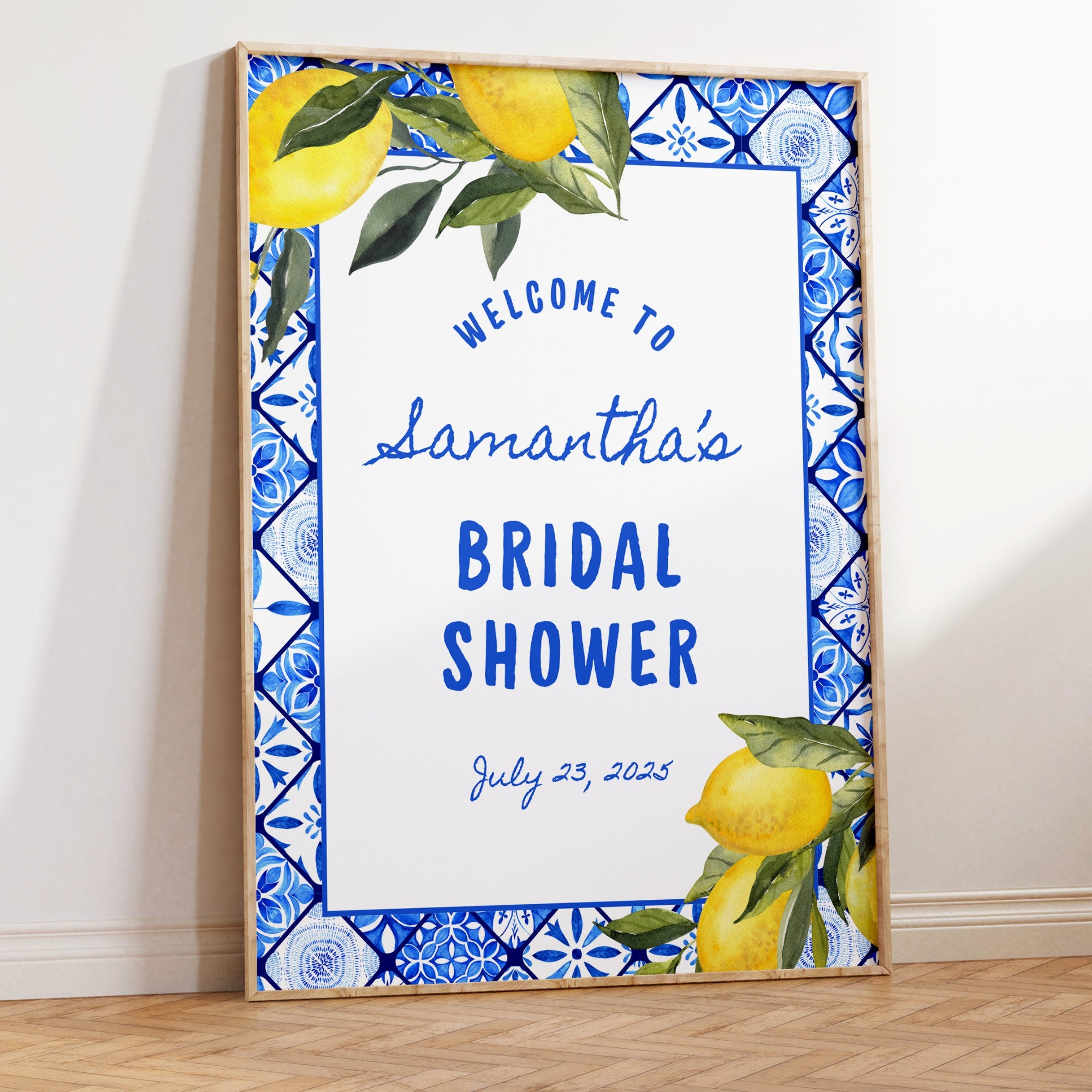 Blue Tile Italian Lemon Bridal Shower Welcome Sign – Editable Canva Bridal Shower Decor