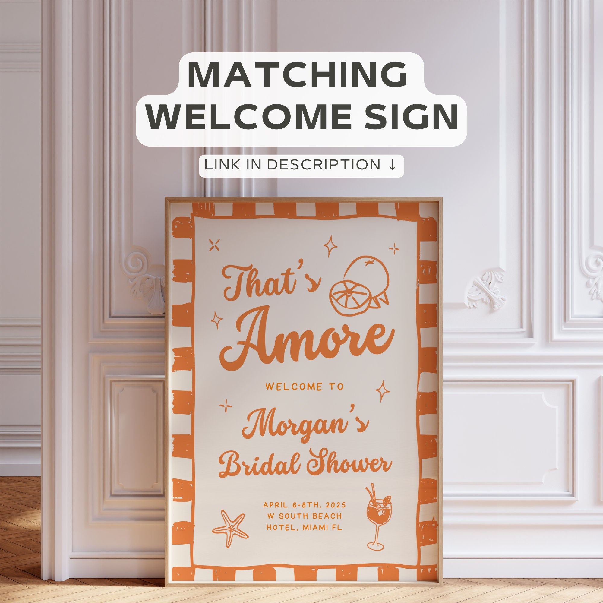 Orange “That’s Amore” Bachelorette Invitation, Itinerary & Packing List – Editable Canva Template