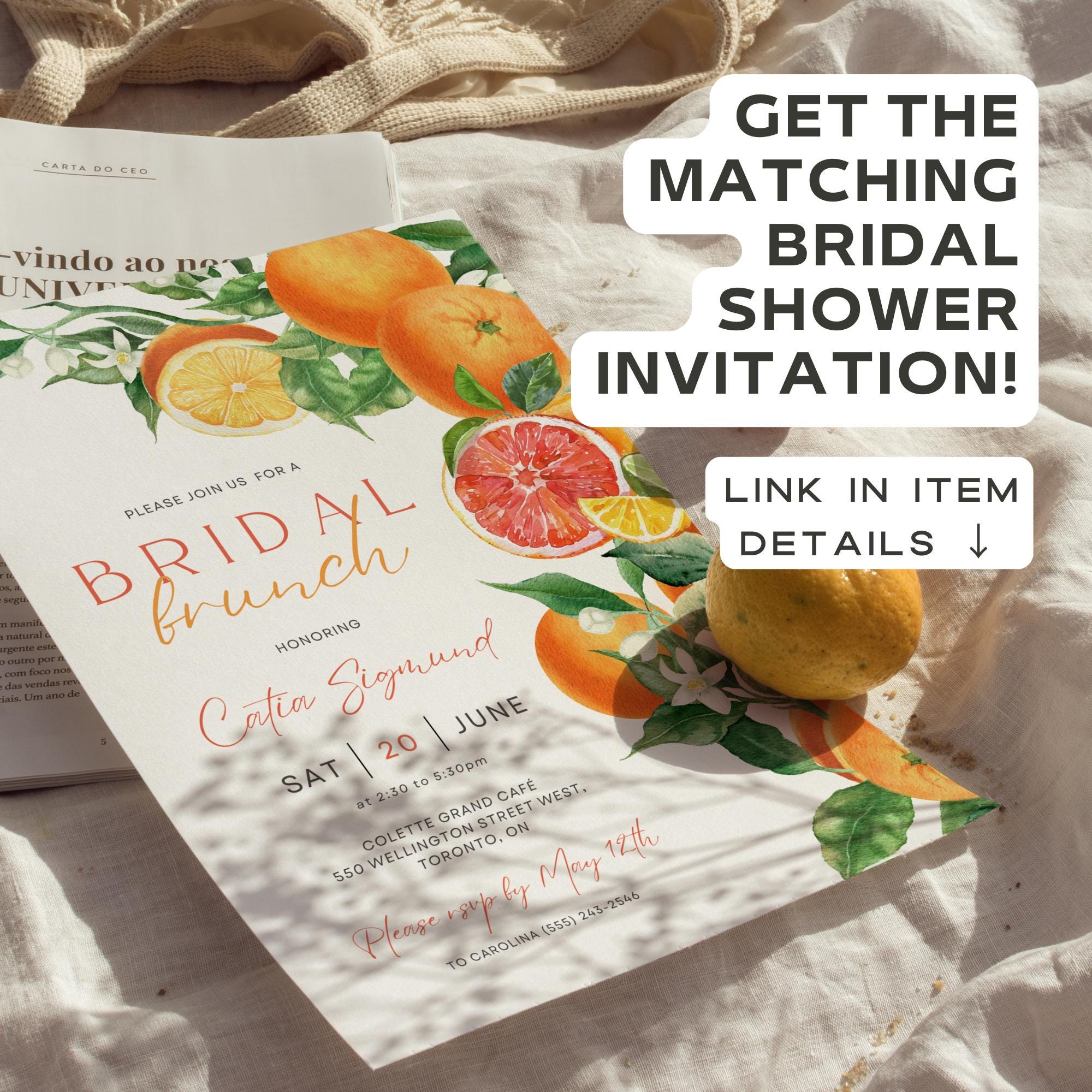 Orange Citrus Bridal Shower Sign Editable Template – “She Found Her Main Squeeze” Printable Floral Bridal Shower Decor (DIY Canva)