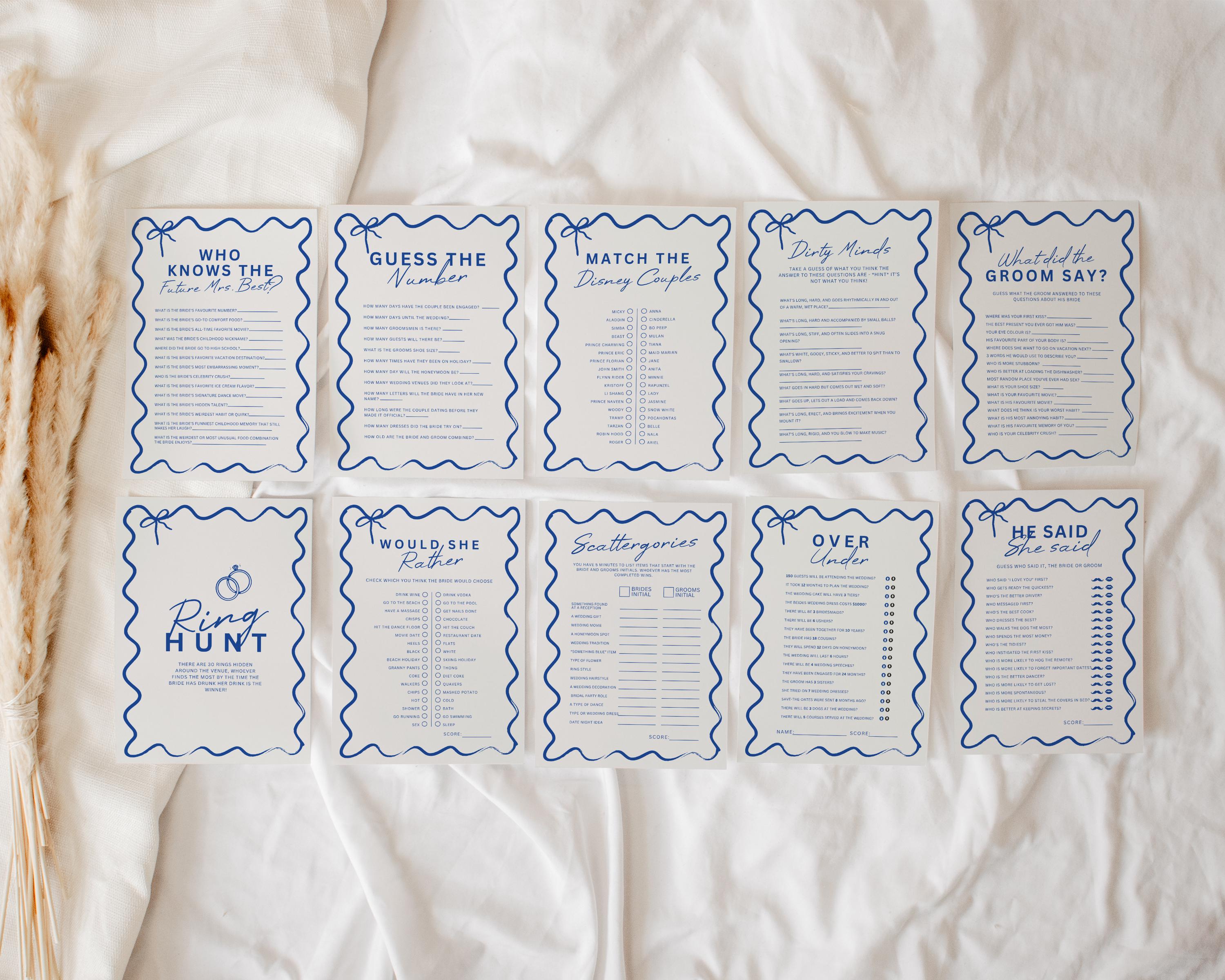 Wavy Blue Bow Bachelorette Party Games Bundle – 22 Editable Canva Templates for Bridal Shower & Hen Party