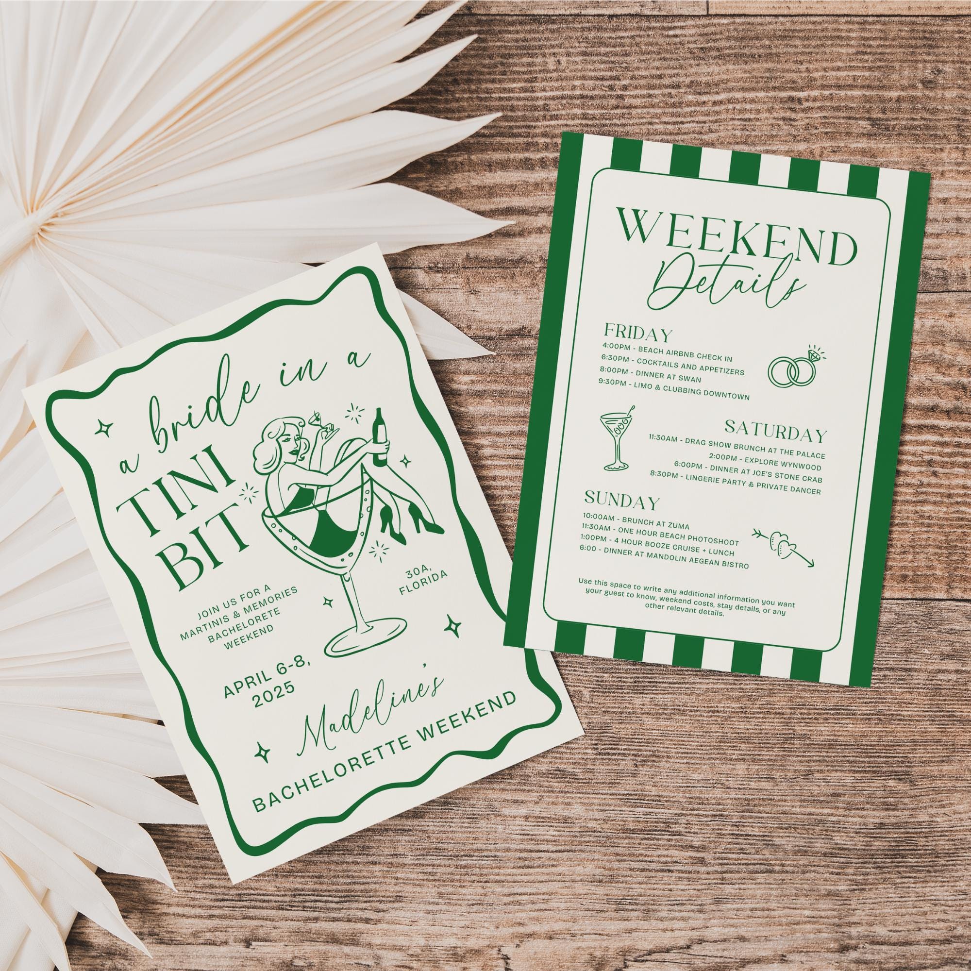 Bride In a Tini Bit Bachelorette Itinerary & Invitation – Martini Bachelorette Canva Template Bundle