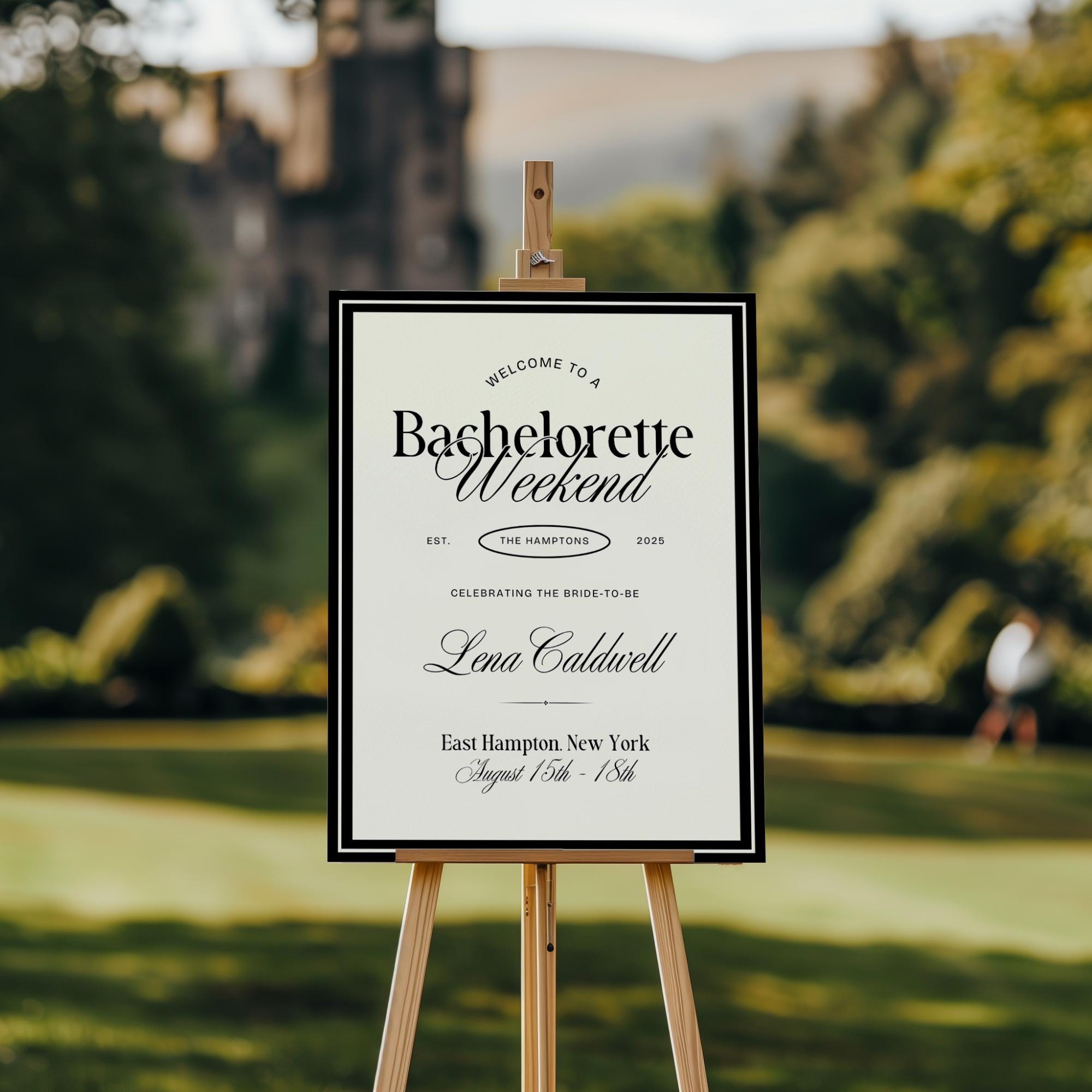 Black Old Money Aesthetic Bachelorette Welcome Sign – Luxury Girls Trip Decor Editable Canva Template