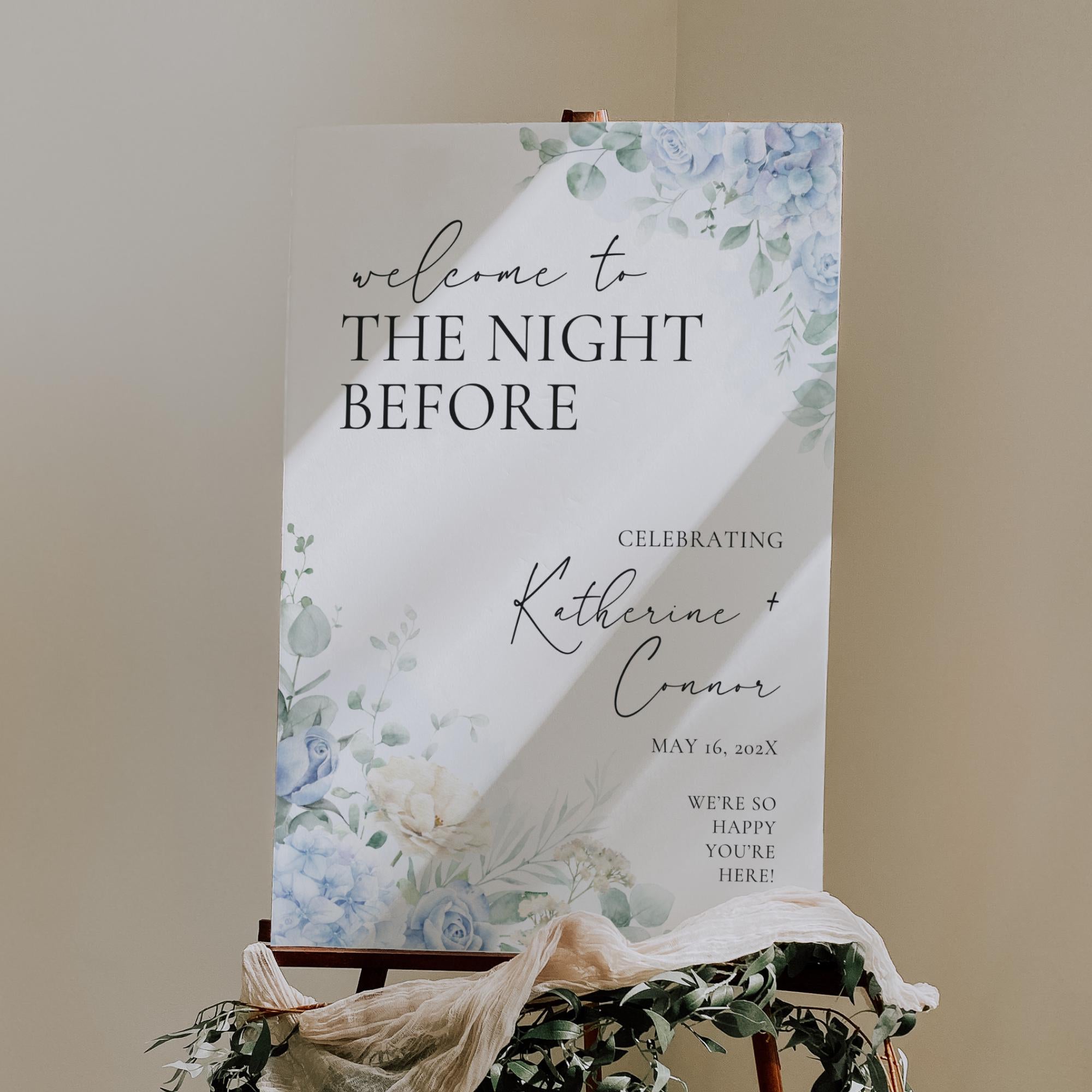 Dusty Blue “The Night Before” Rehearsal Dinner Sign - Canva Template