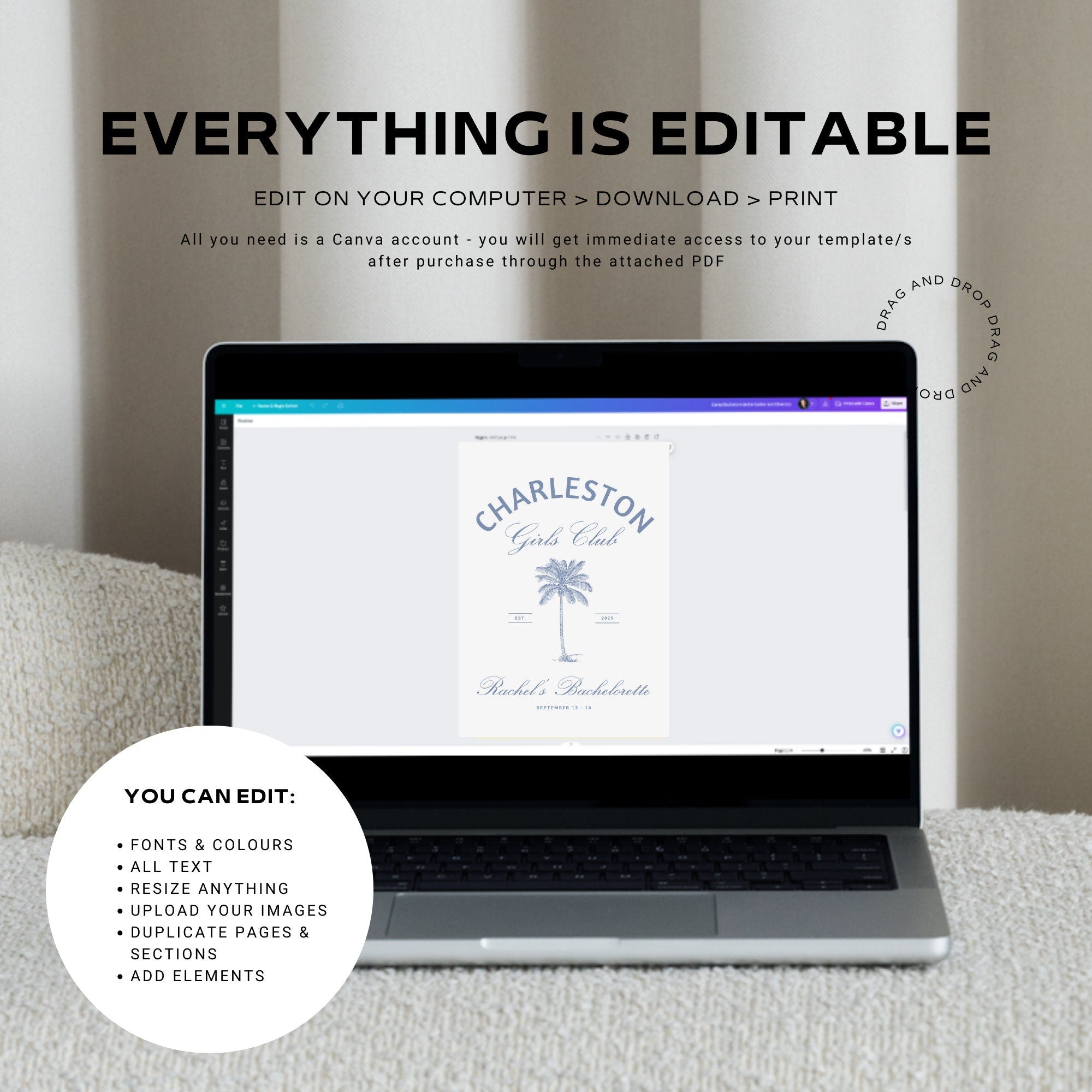 Charleston Coastal Bachelorette Party Itinerary | Last Toast on the Coast | Editable Girls Trip Invitation & Weekend Template