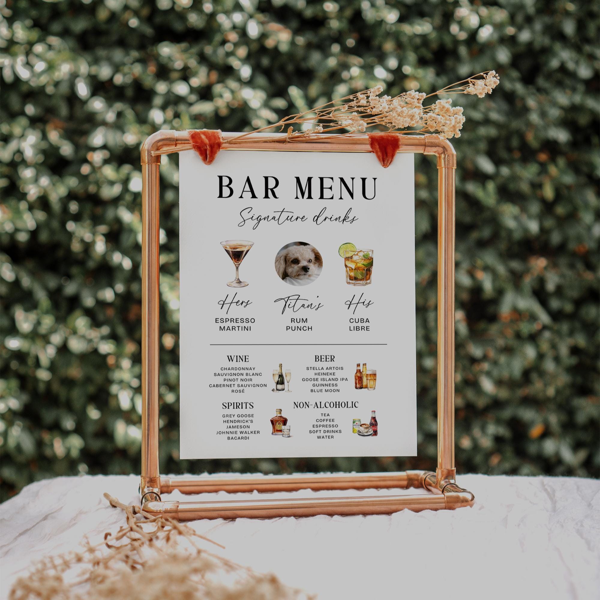 Modern Signature Drinks Sign – His & Hers Bar Menu with Pet Cocktail Illustration Canva Template
