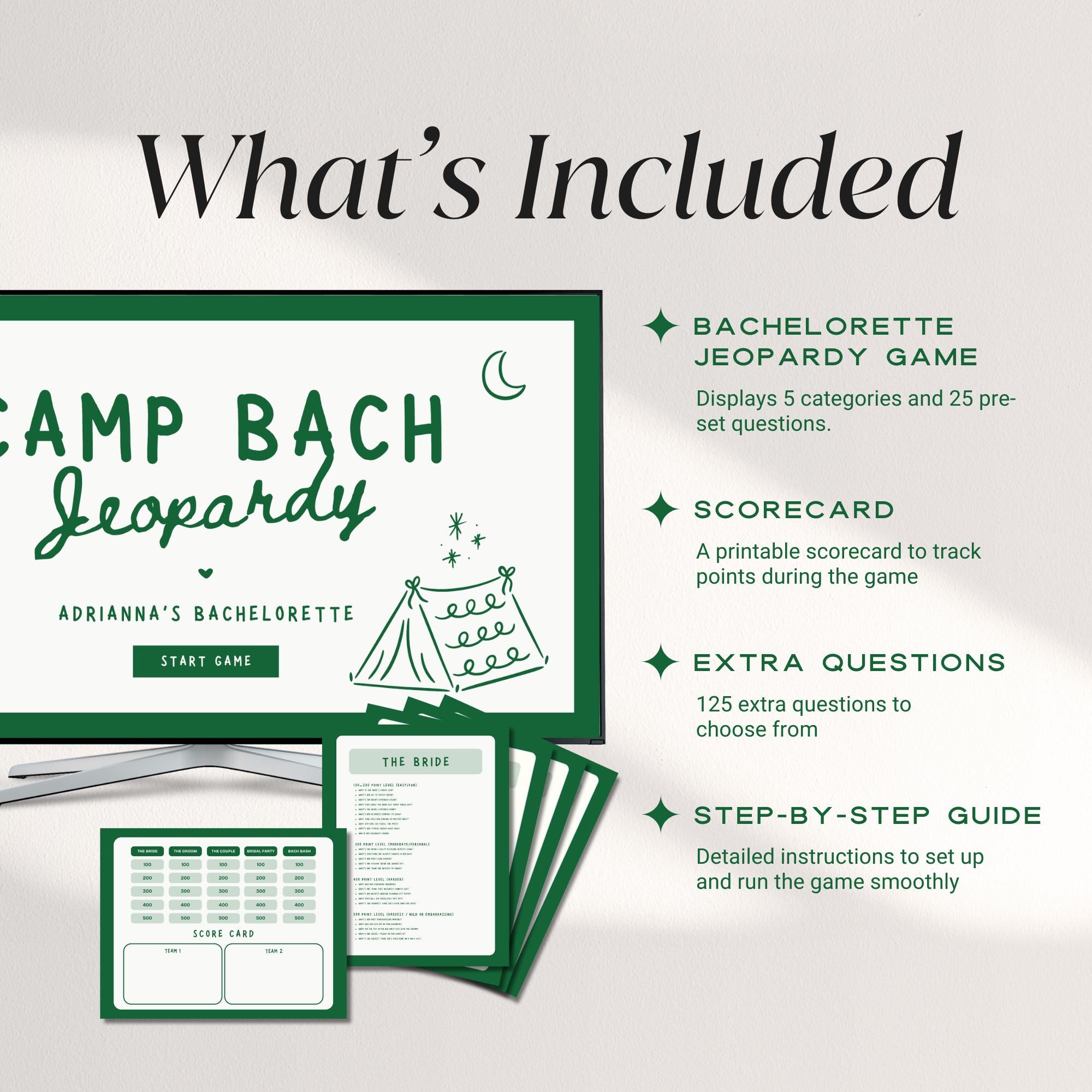 Camp Bachelorette Jeopardy Game – Glamping & Cabin Trivia Canva Template