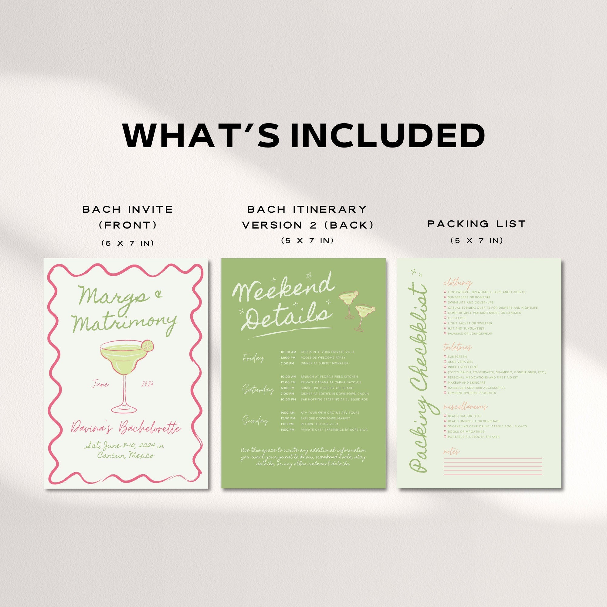Margs & Matrimony Bachelorette Invitation, Itinerary & Packing List – Editable Canva Templates