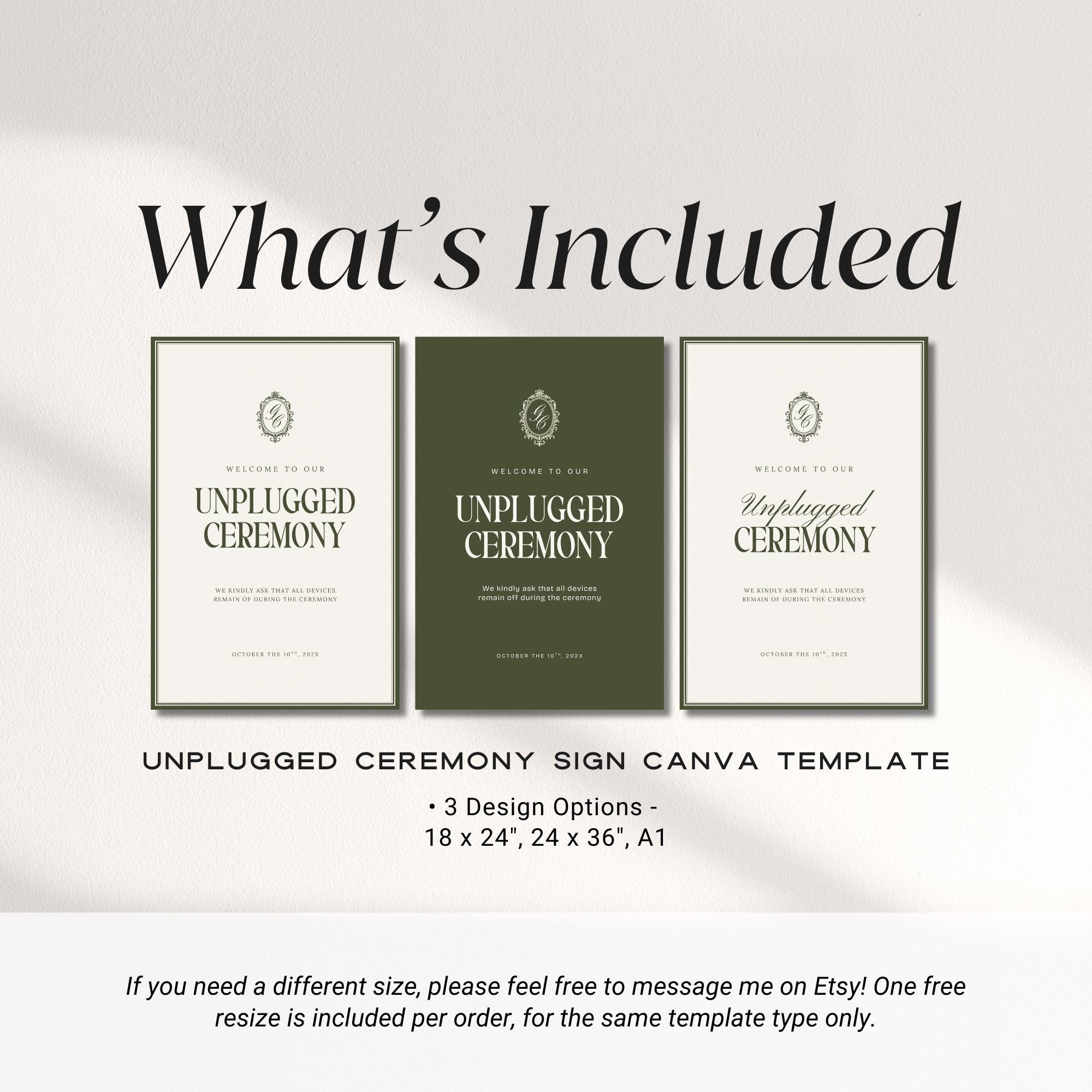 Old Money Unplugged Ceremony Sign Template – Olive Green Wedding Sign – Elegant Canva Printable