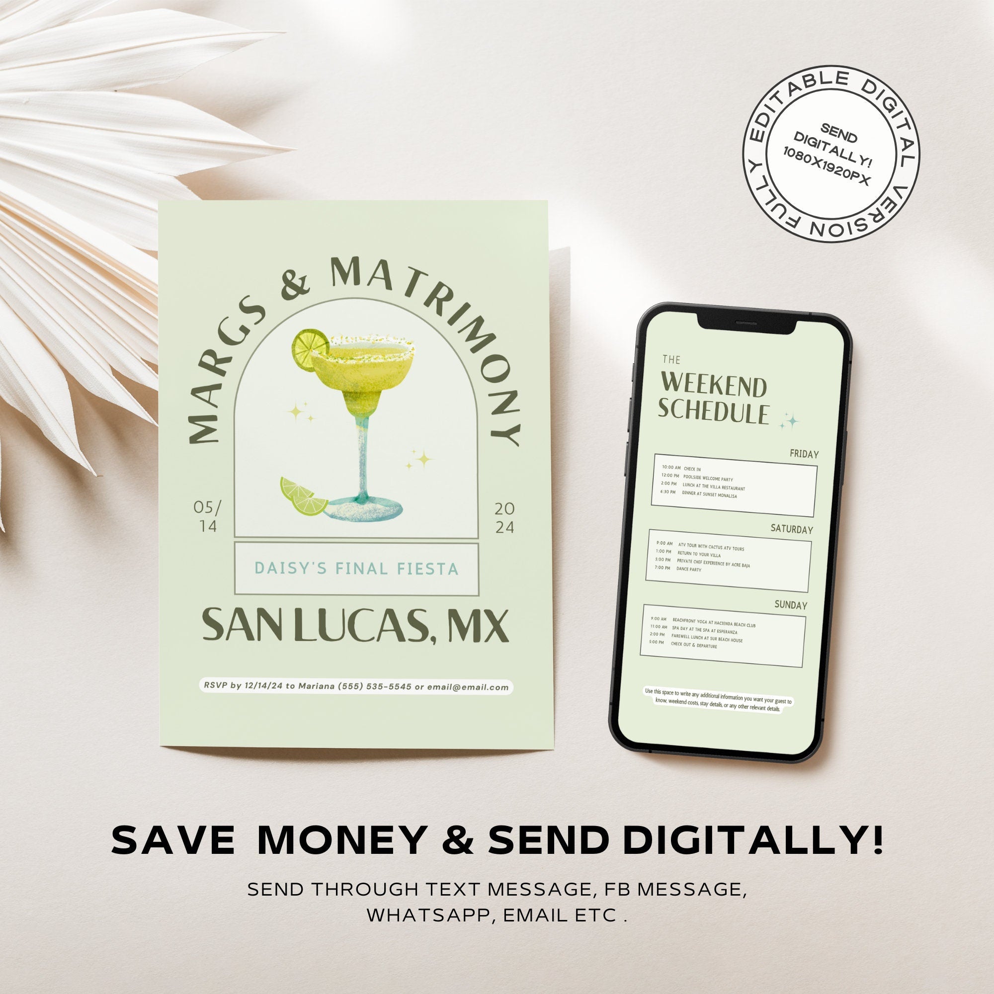 Margs and Matrimony Bachelorette Invitation – Fiesta Weekend Itinerary & Packing List Canva Template
