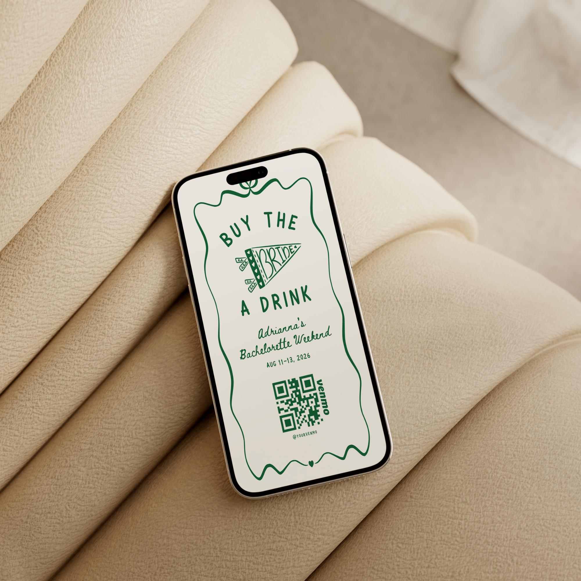 Buy the Bride a Drink Instagram Story – Venmo QR Camp Bachelorette Canva Template