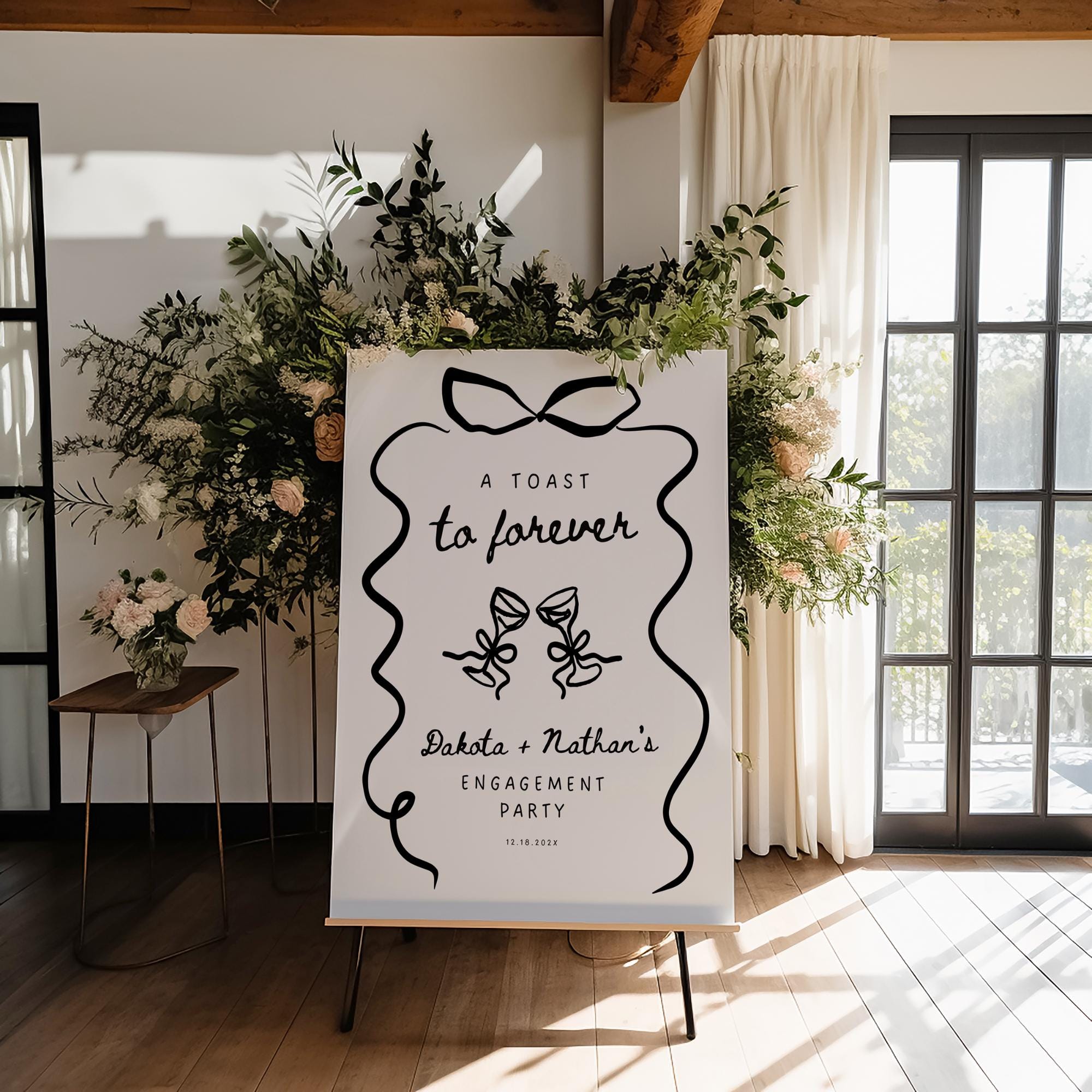 Wavy Bow Engagement Party Welcome Sign – Whimsical Hand-Drawn Champagne Canva Template