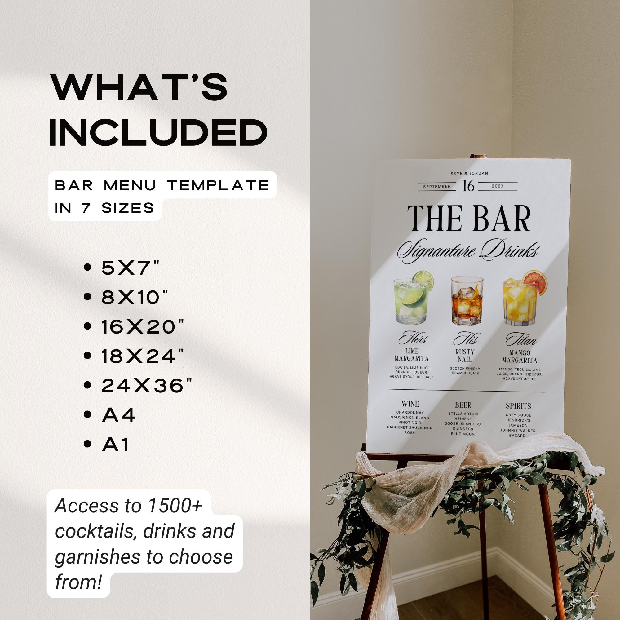 Signature Drinks Wedding Bar Menu Template – Editable Dog Drink Sign & Open Bar Menu Canva DIY