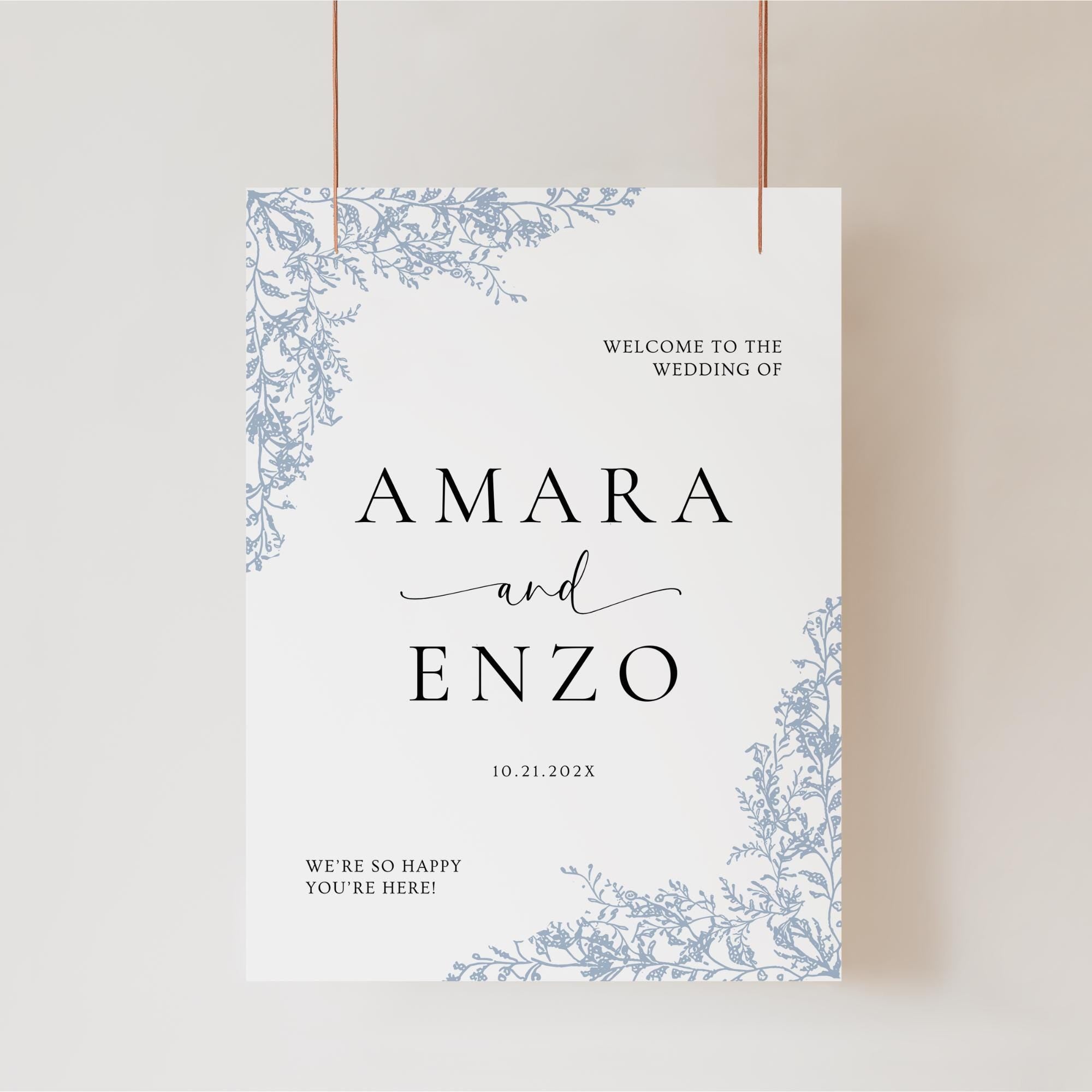 Dusty Blue Wedding Sign Template | Editable Floral Welcome Sign | Chinoiserie French Country Wedding Signage | Garden Wedding Canva DIY